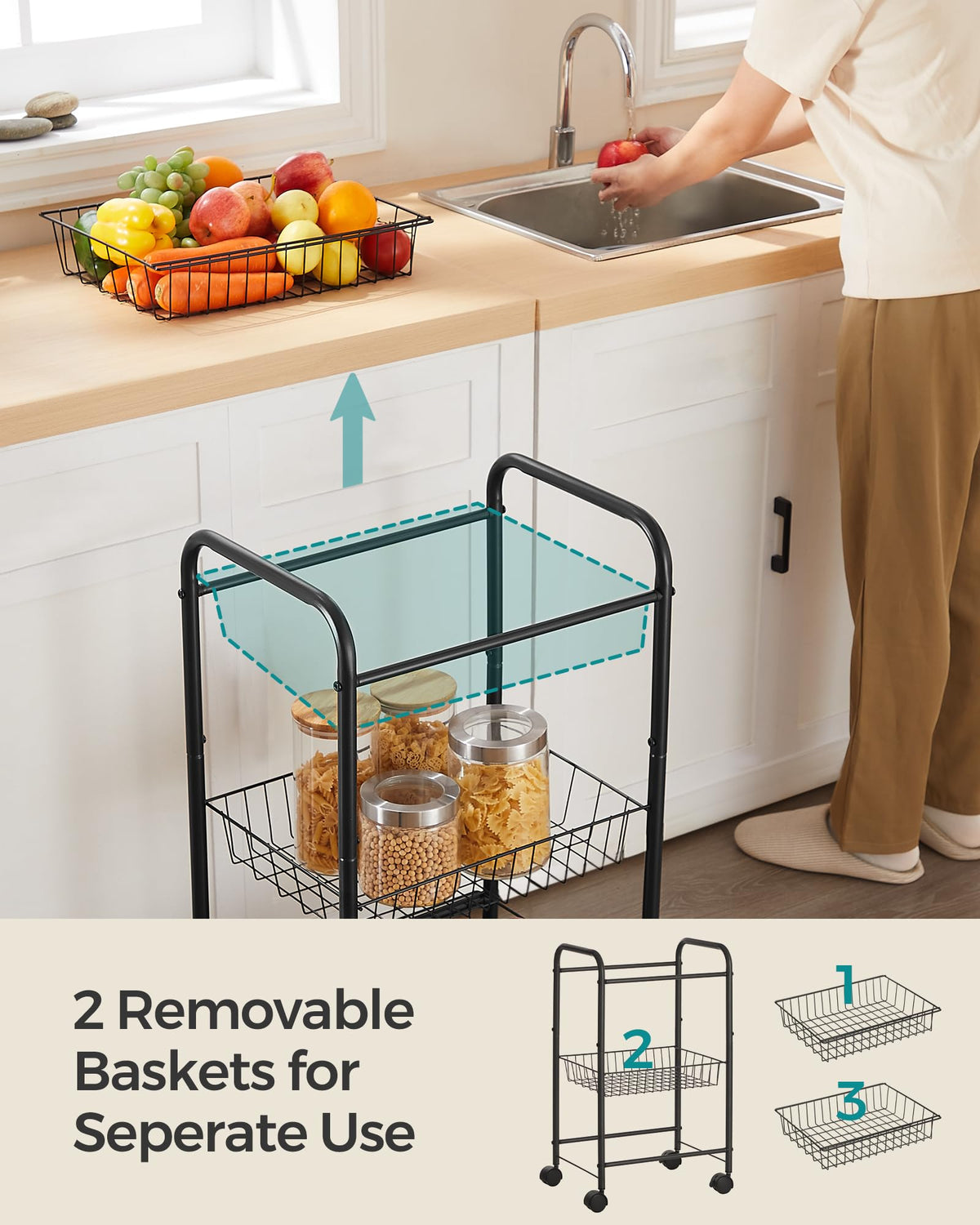 SONGMICS 3-Tier Steel Rolling Cart with Removable Baskets