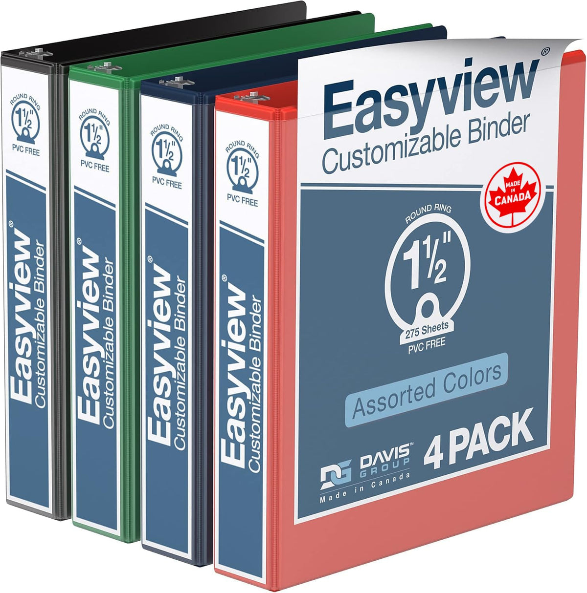 Easyview 3-Ring Binder, 1.5" Round Rings, Classic Colors, 4 Pack