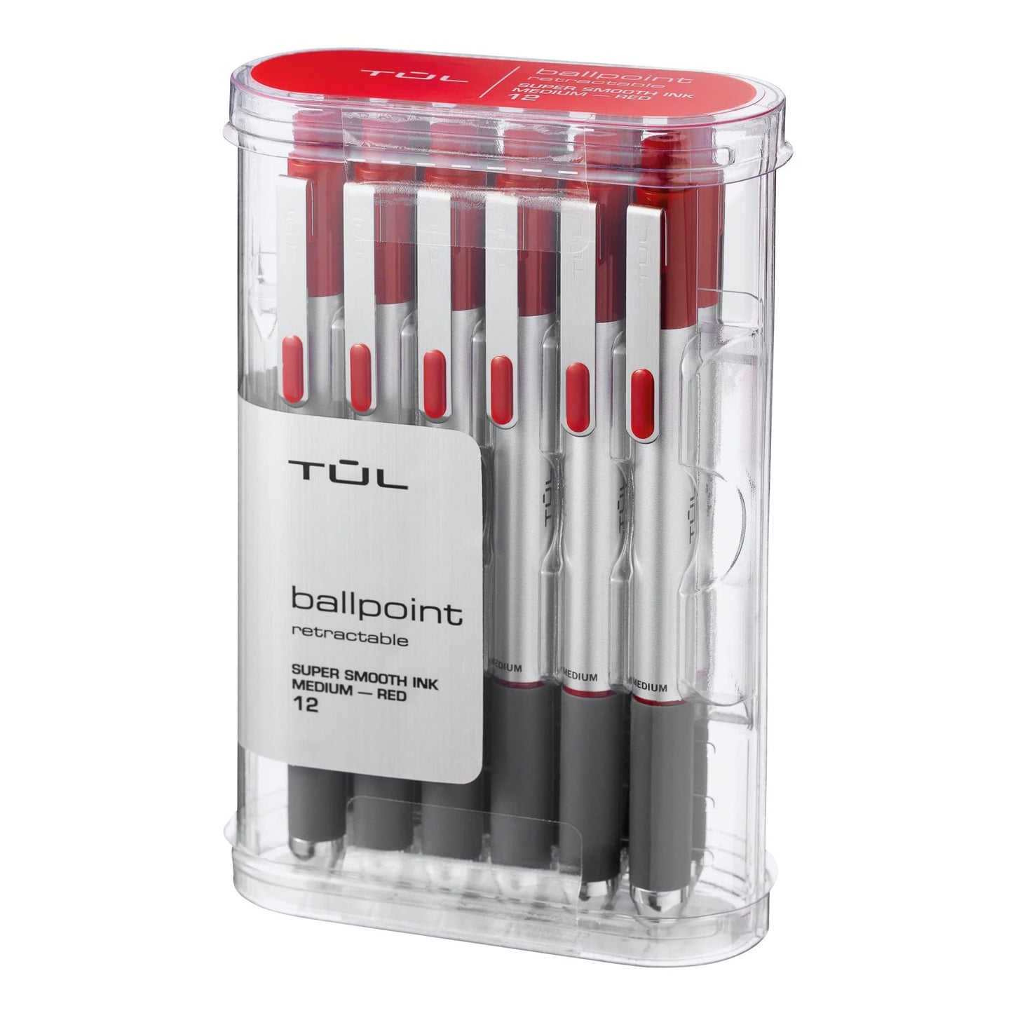 TUL BP3 Ballpoint, Retractable, Medium Point, 1.0 mm, Silver Barrel, Red Ink, Pack Of 12