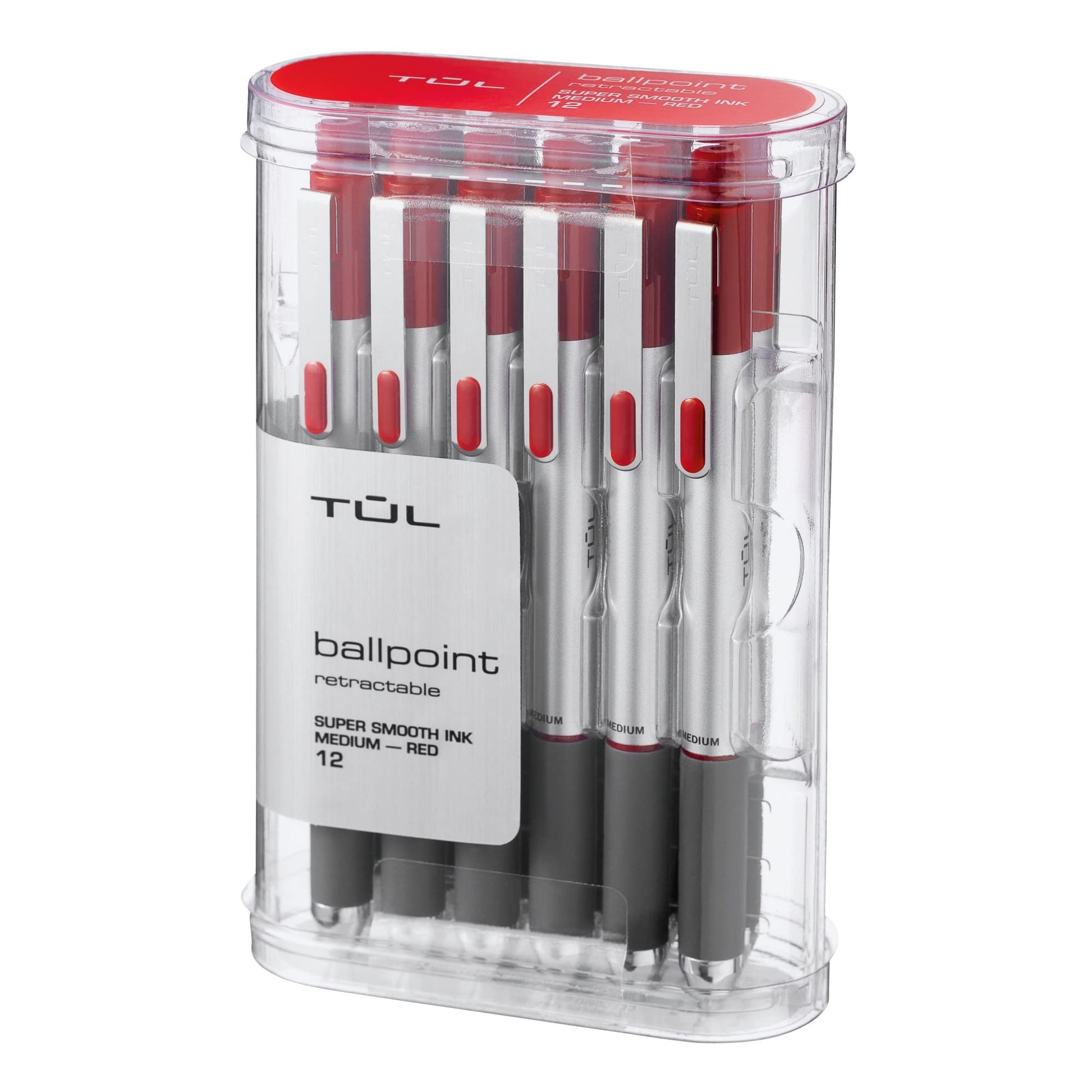 TUL BP3 Ballpoint, Retractable, Medium Point, 1.0 mm, Silver Barrel, Red Ink, Pack Of 12