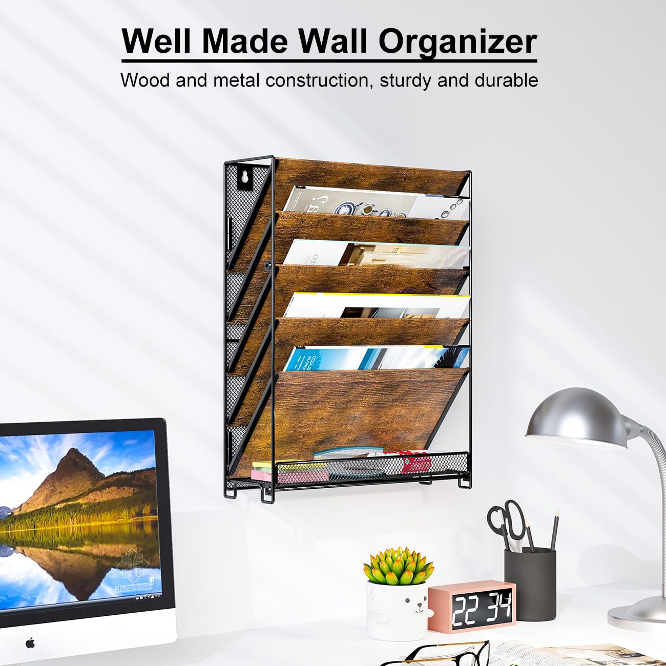 PAG-Mass Wall File Organizer for Office, 6-Tier Rustic Hanging File Holder Wall Storage Rack for