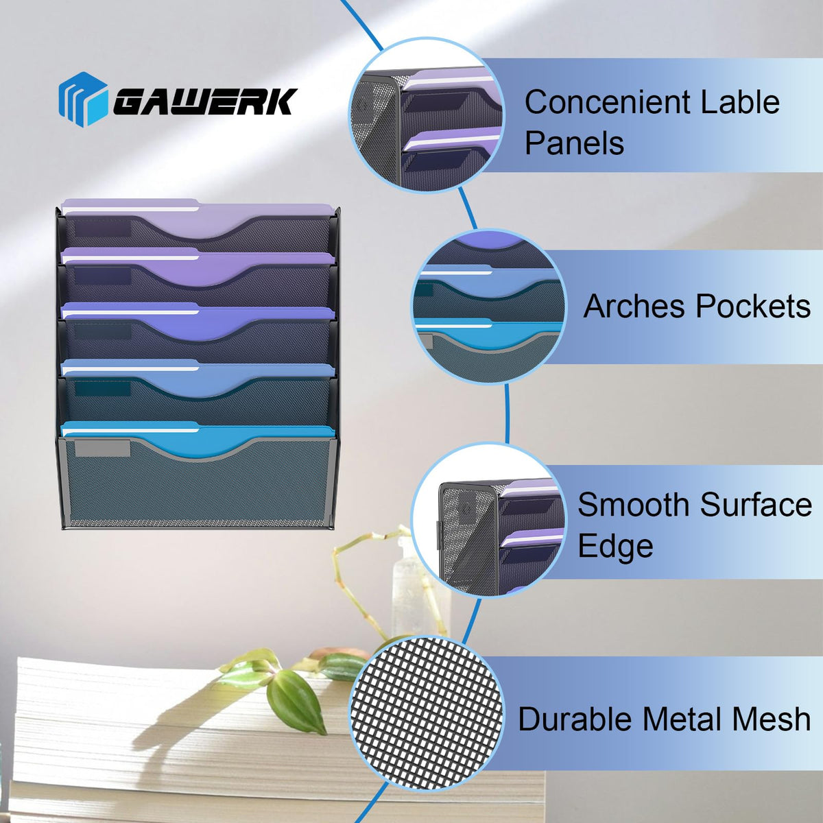Gawerk 5 Tier Hanging Wall File Organizer, Mesh Mail Paper Orgnization Hanging File Folder Holder
