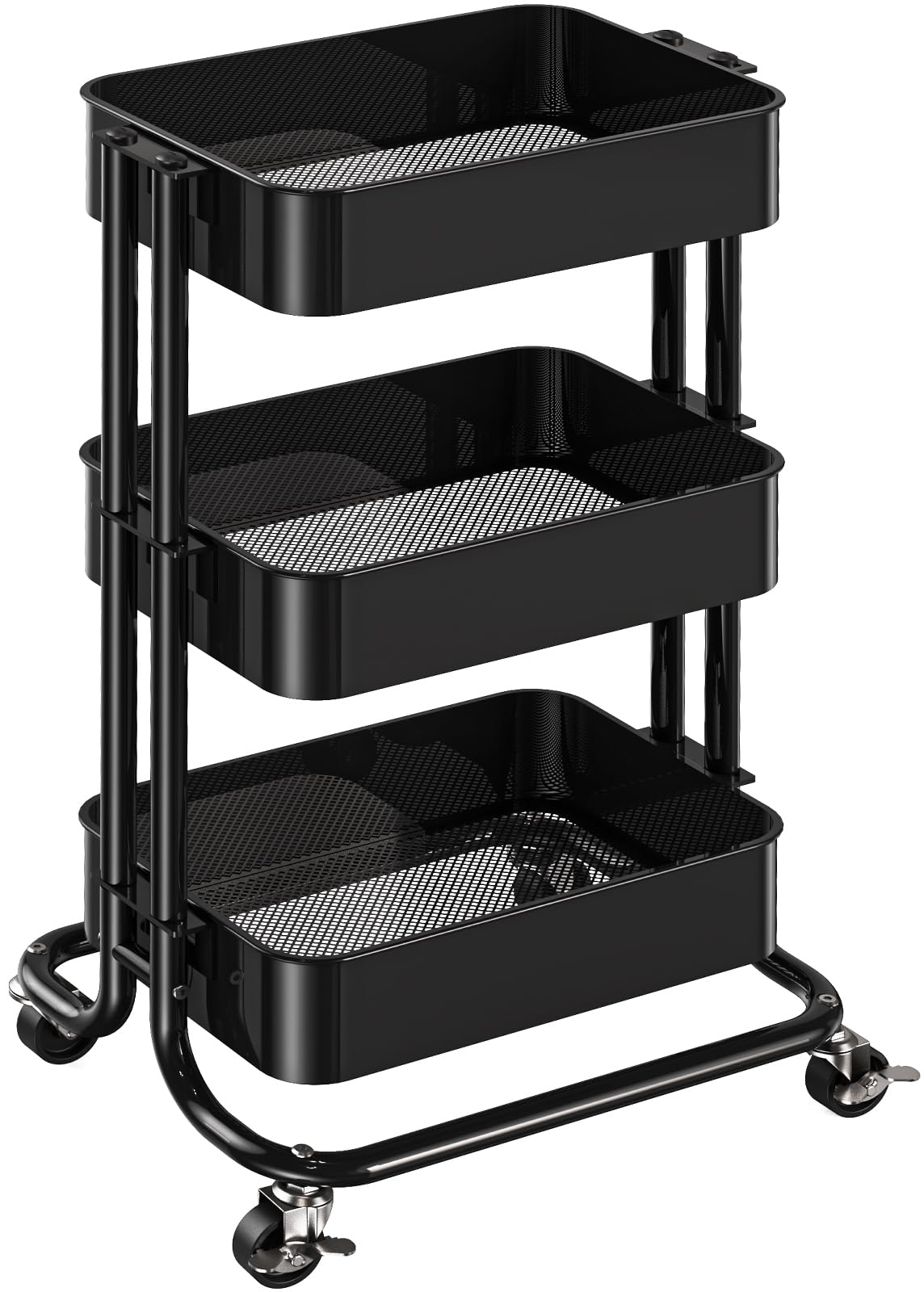 Pipishell 3 Tier Metal Rolling Utility Cart with 2 Lockable Wheels, Black