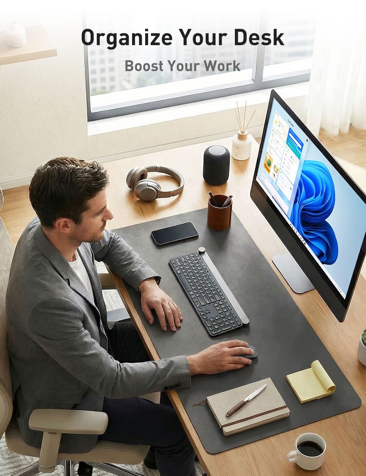 Aothia Faux Leather Desk Mat - Non-Slip PU Leather Desk Blotter, Waterproof Writing Surface, Large