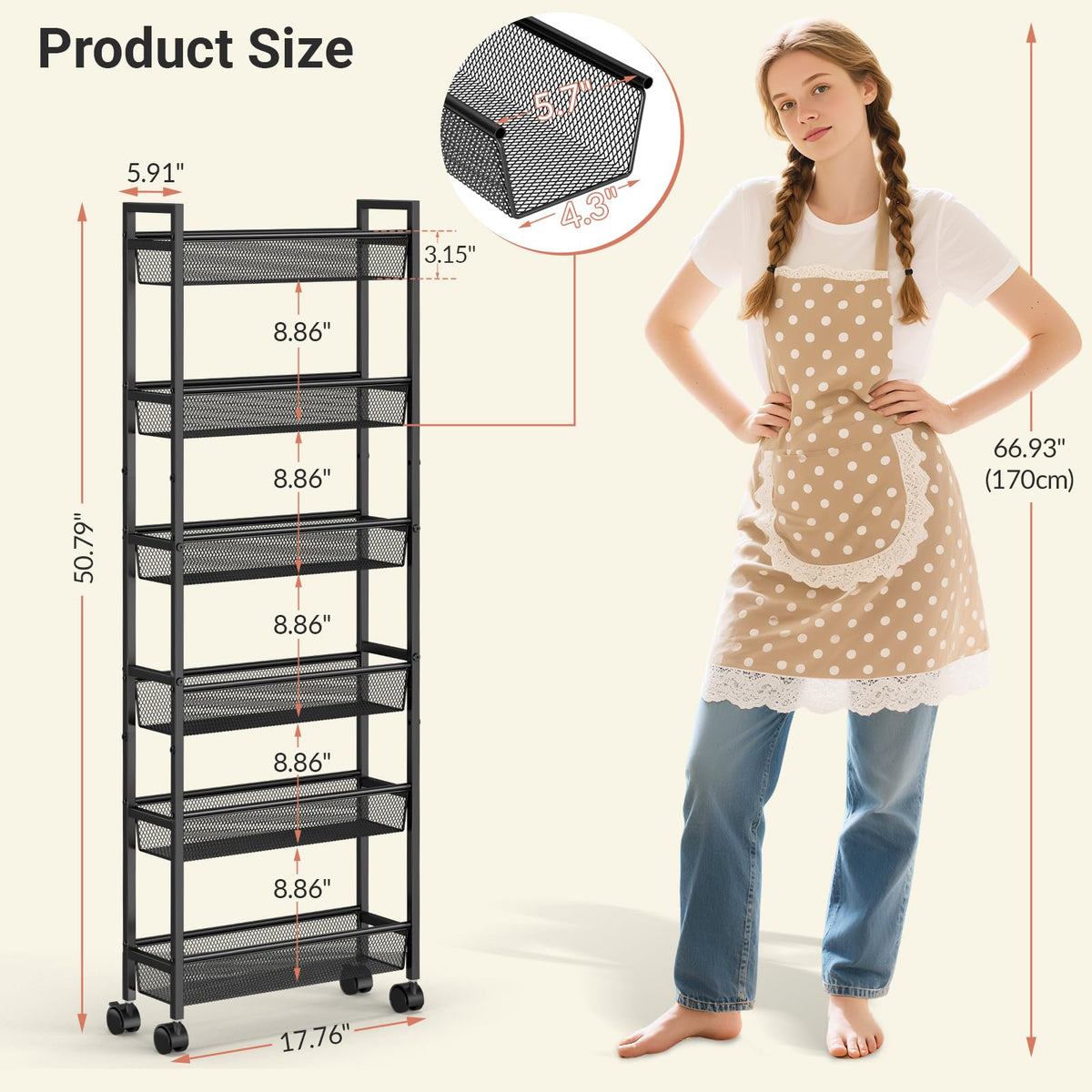 ThreeHio 6 Tier Slim Storage Cart, Narrow Cart with Wheels, Metal Mobile Shelving Unit Organizer
