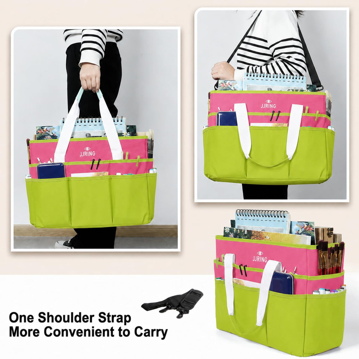 JJRING Craft Organizer Tote Bag Large Art Storage Caddy Bright Green&Red
