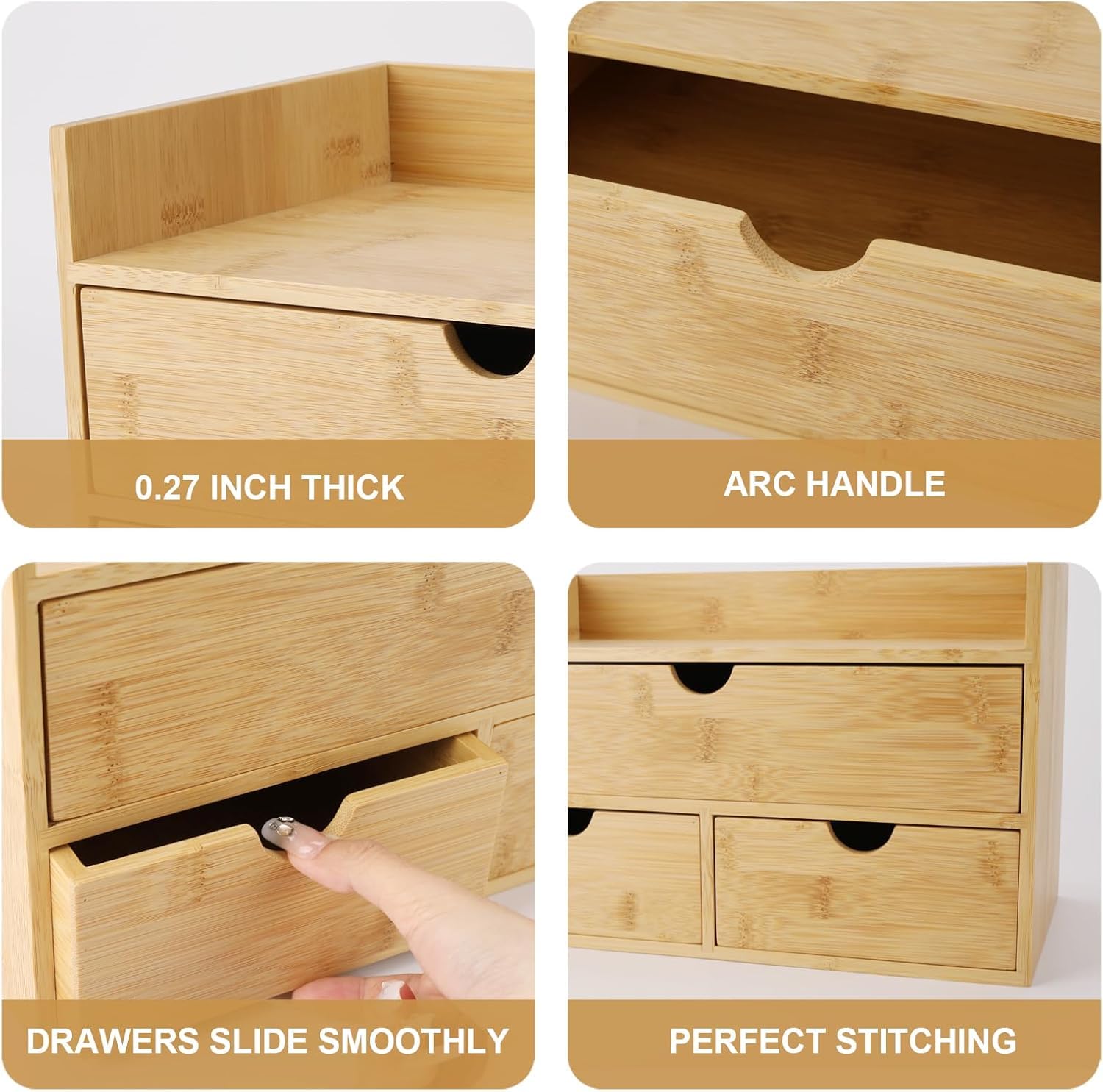 Charmewooden Bamboo Desk Organizer 3 Drawer with shelf, Countertop Organizer with Drawers Makeup