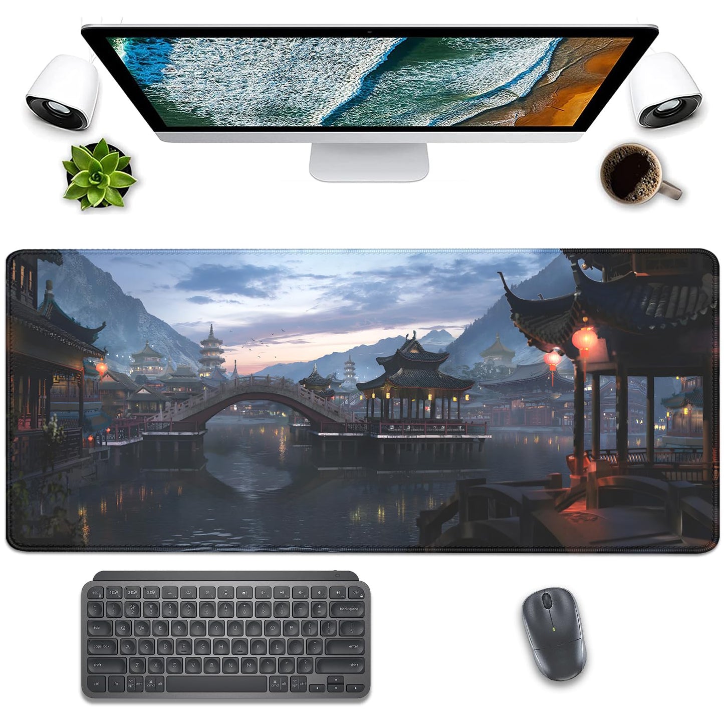 Japanese Style Ancient Pavilion Sky Mountains Extended Desk Pad Mouse Pad,Stitched Edges Non-Slip