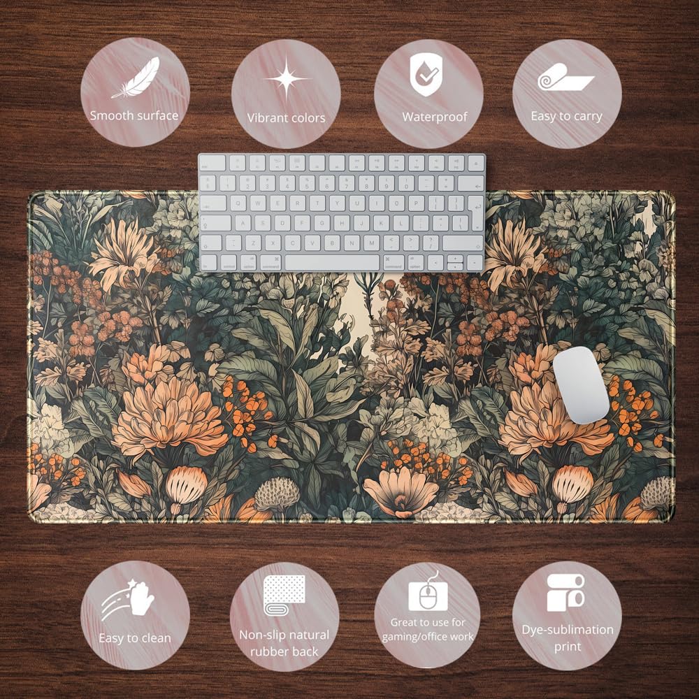 Boho Aesthetic Desk Mat Wildflowers Large Mouse Pad Gaming Desk Pad, XXL Keyboard Mat Full Desktop