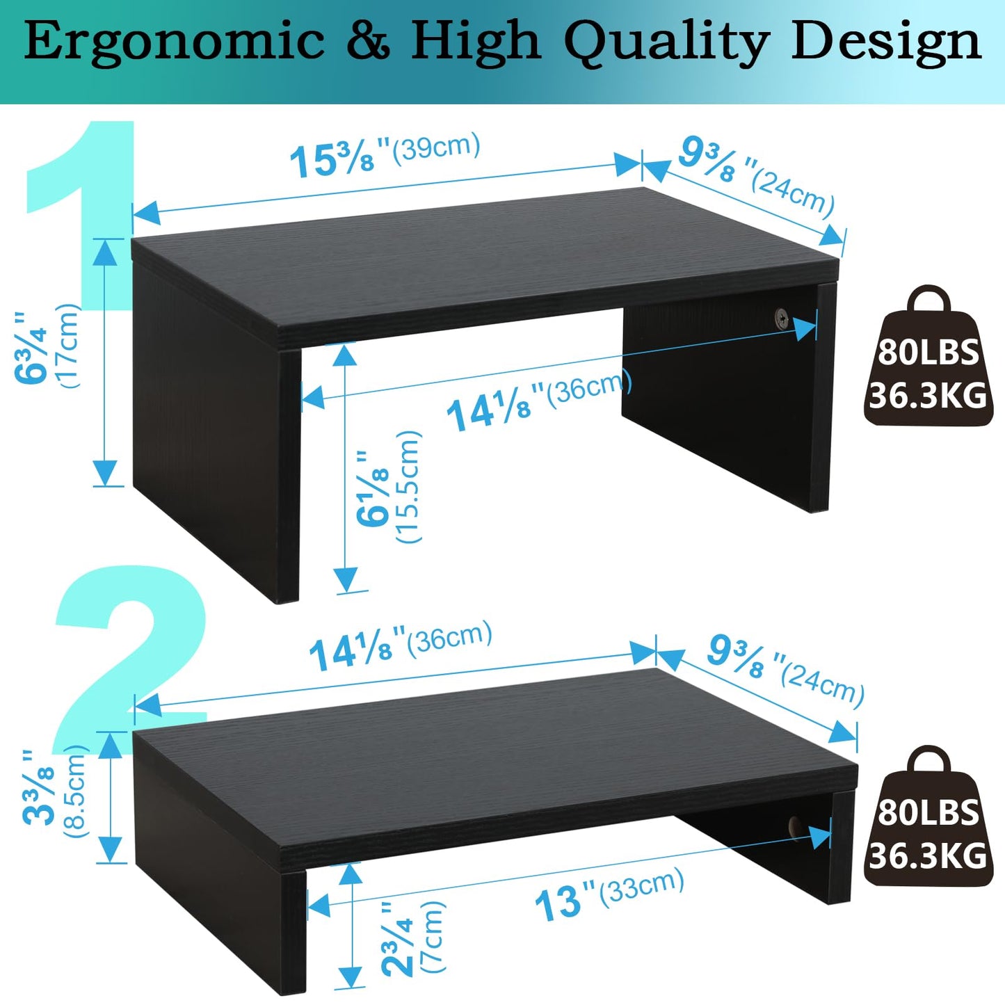 TEAMIX 2-Pack Monitor & Laptop Stand Riser,Wood High-Low Dual Monitor Setup