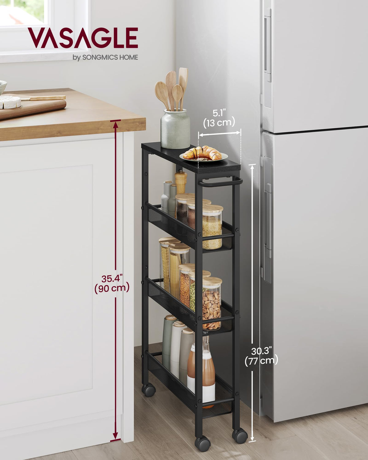 VASAGLE 4-Tier Slim Rolling Storage cart with Wheels, 5.1 Inches, Metal