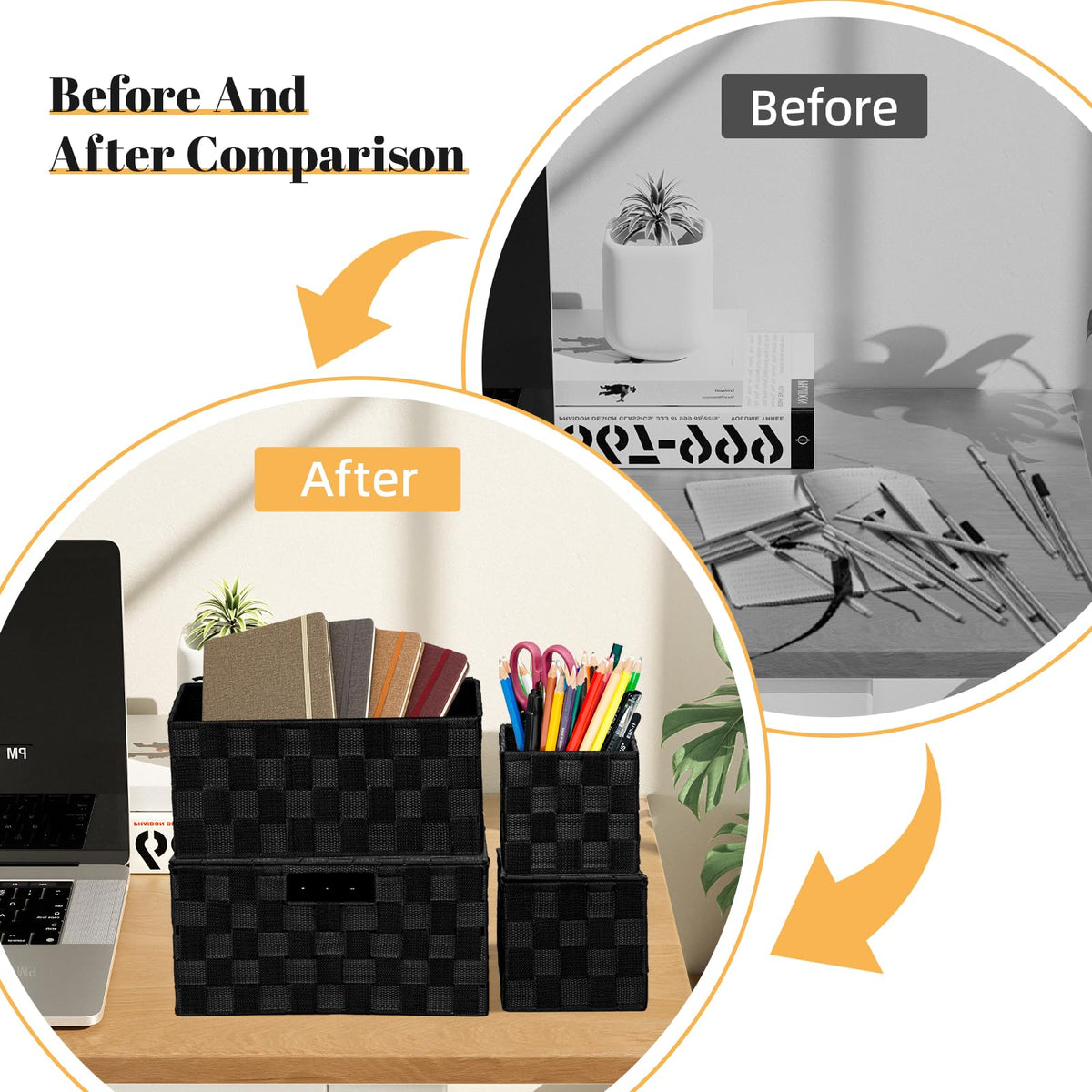 ArcaGuru Woven Polypropylene Basket Set of 8, Black Storage Basket, Woven Strap Baskets, Woven