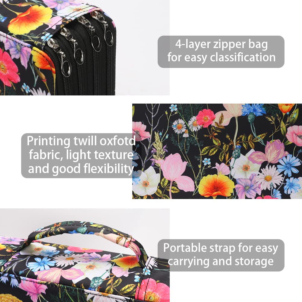 Vomgomfom 300 Slots Marker Case 4-Layer PU Leather, Handle, Black Flower