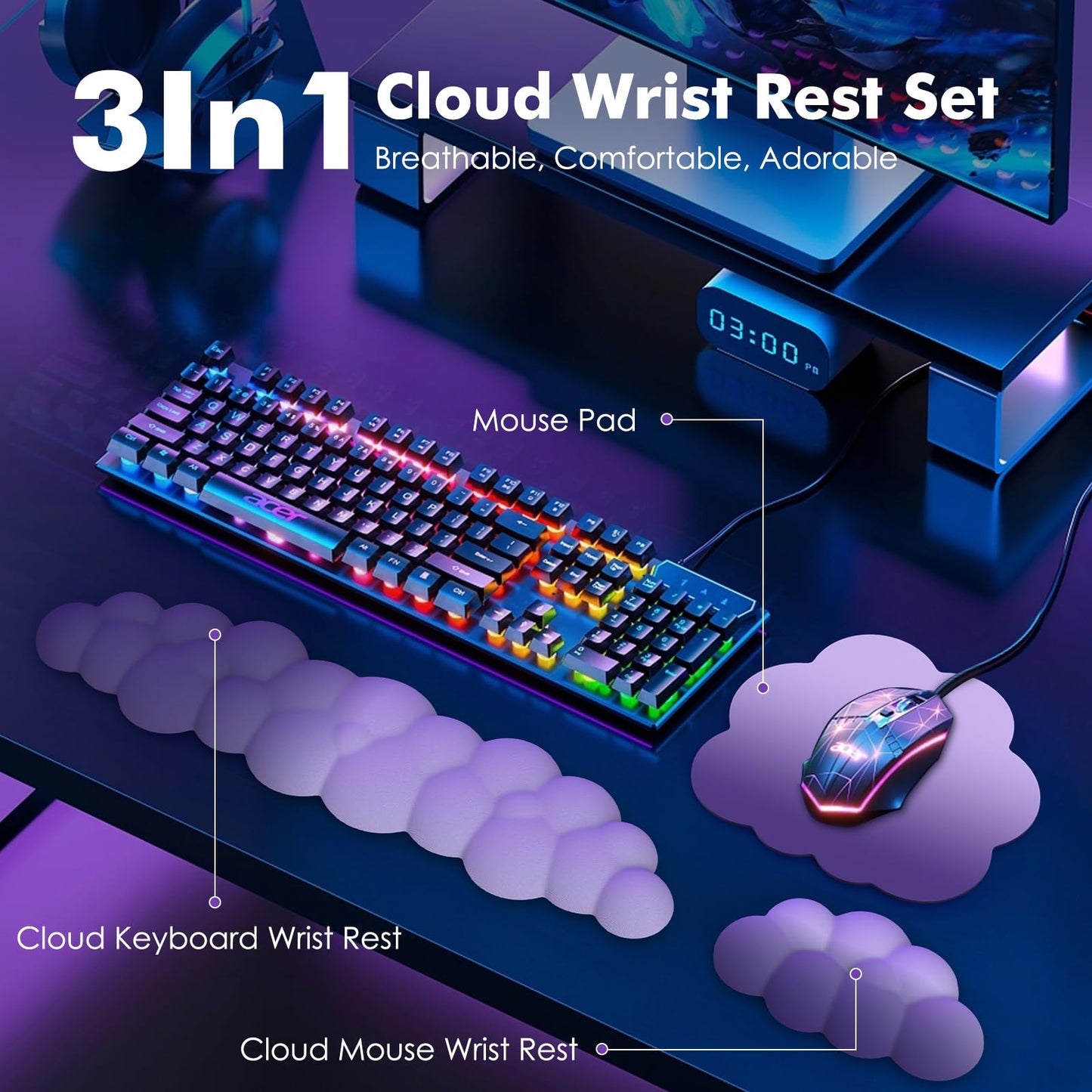 MoKo Cloud Wrist Rest for Keyboard and Mouse with Mouse Pad, Purple
