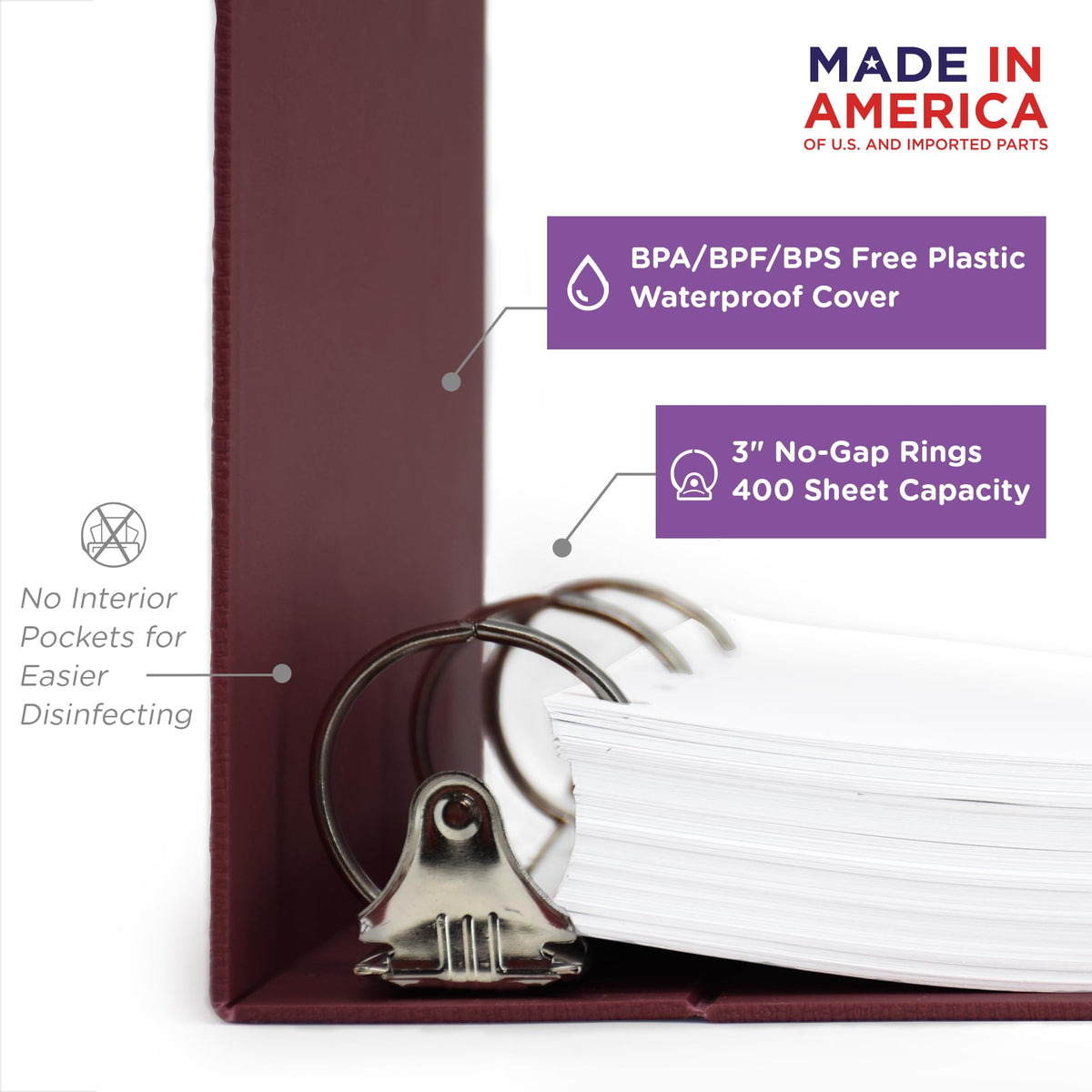 Carstens 3-Inch Heavy Duty 3-Ring Binder - Side Opening, Wine, Durable Plastic, Precision No-Gap