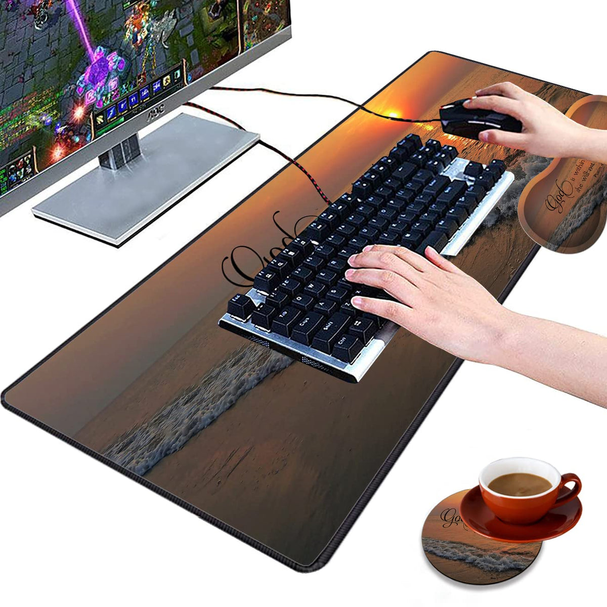 3 Piece Mouse Pad Set with Stitched Edge Large Anti-Slip Mouse Pad Desk Pad Keyboard Pad + Wrist