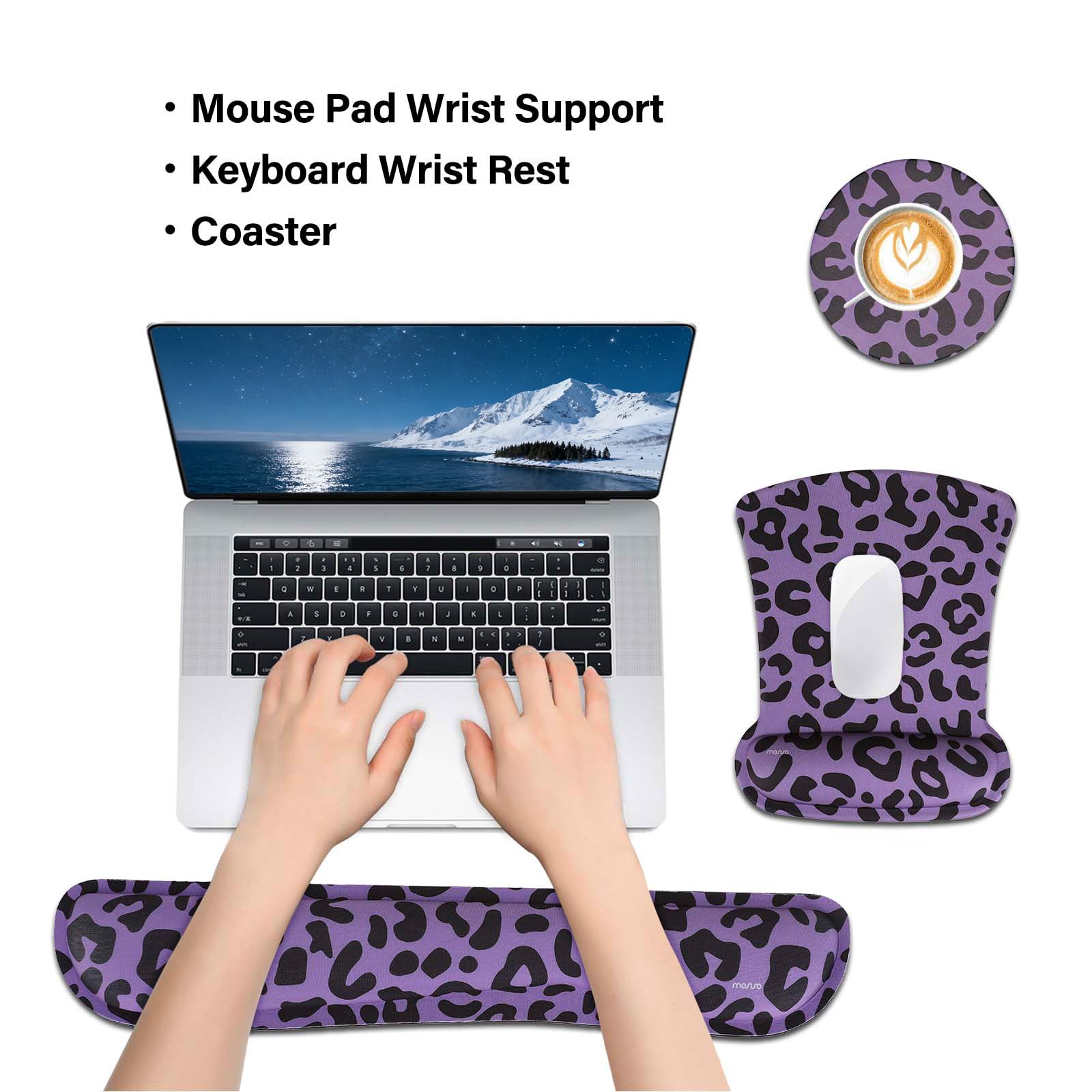 MOSISO Leopard Grain Wrist Rest Support for Mouse Pad&Keyboard Set, Purple