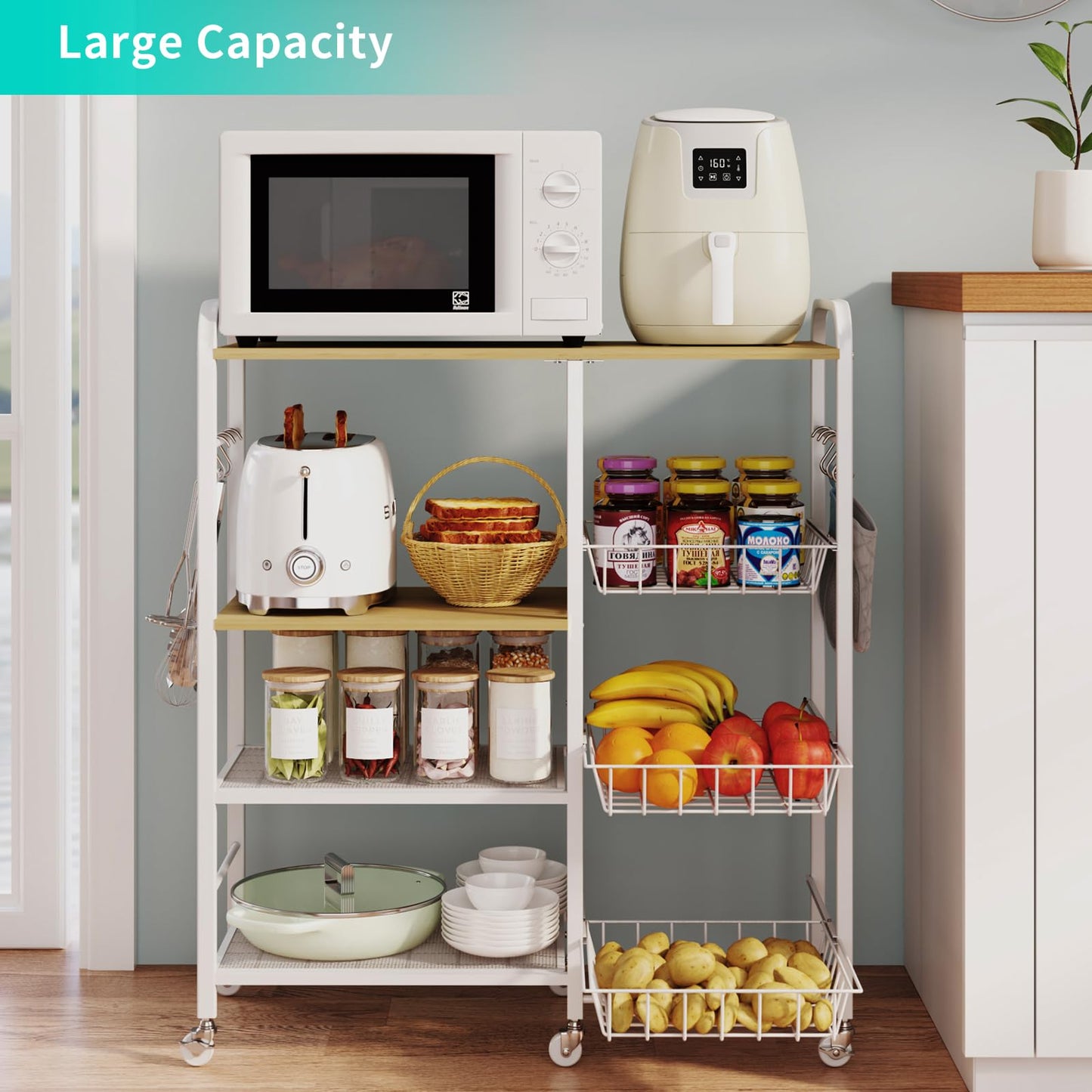 HapiRm Rolling Kitchen Microwave Cart - 4 Tier Microwave Table Stand with Pull-Out Baskets, Coffee