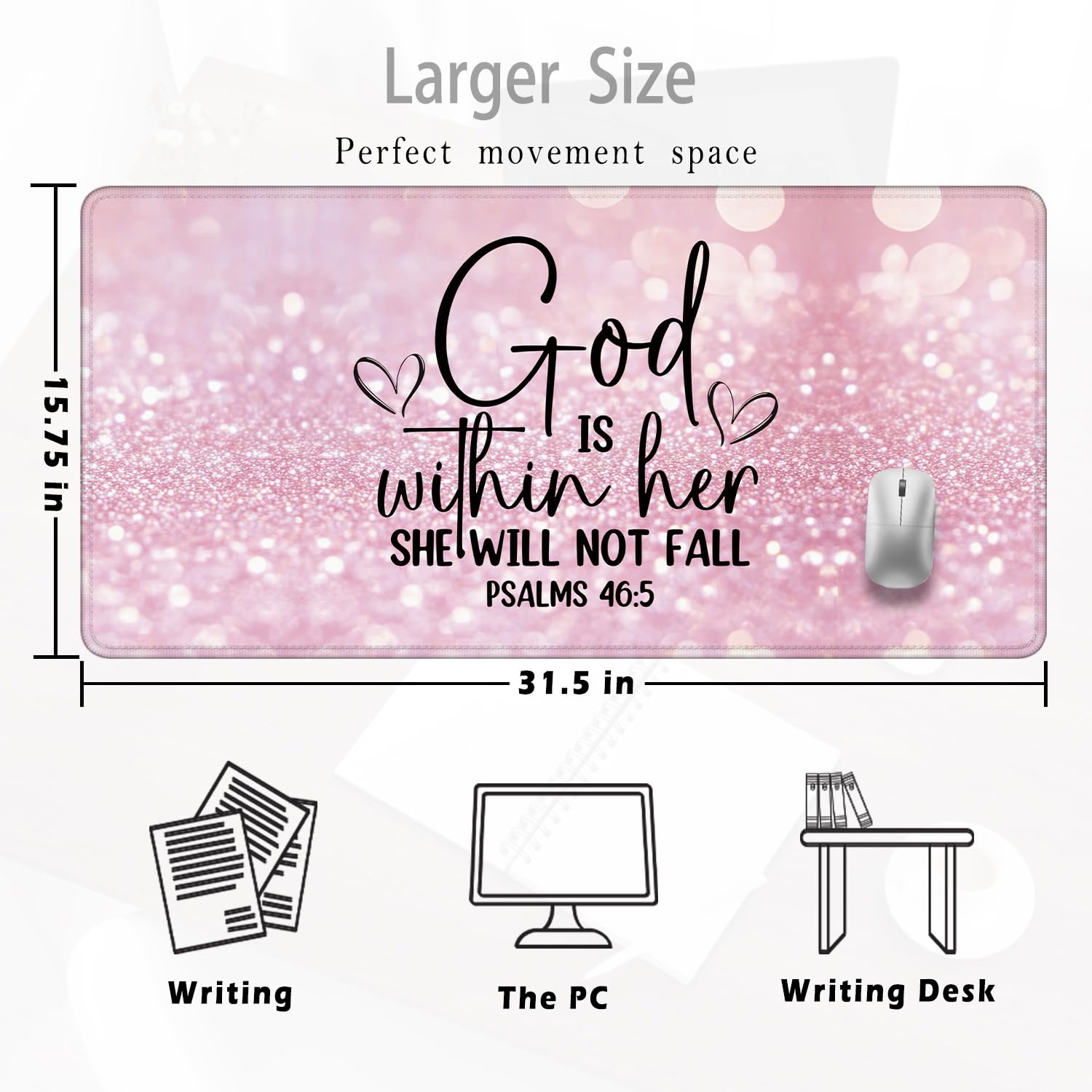 Foritho Pink Christian Mouse Pad 31.5x15.7inch, God is Within Her She Will Not Fall Bible Verse