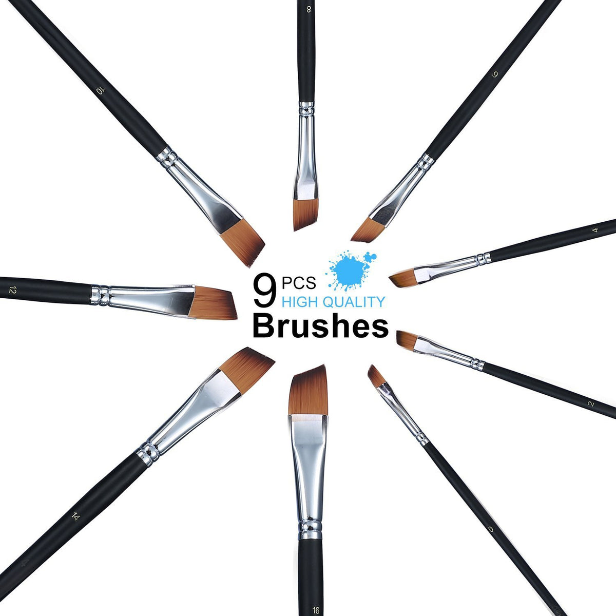 Amagic 9Pcs Angled Flat Tipped Art Paintbrush Set with Storage Container - Anti-Shedding Synthetic