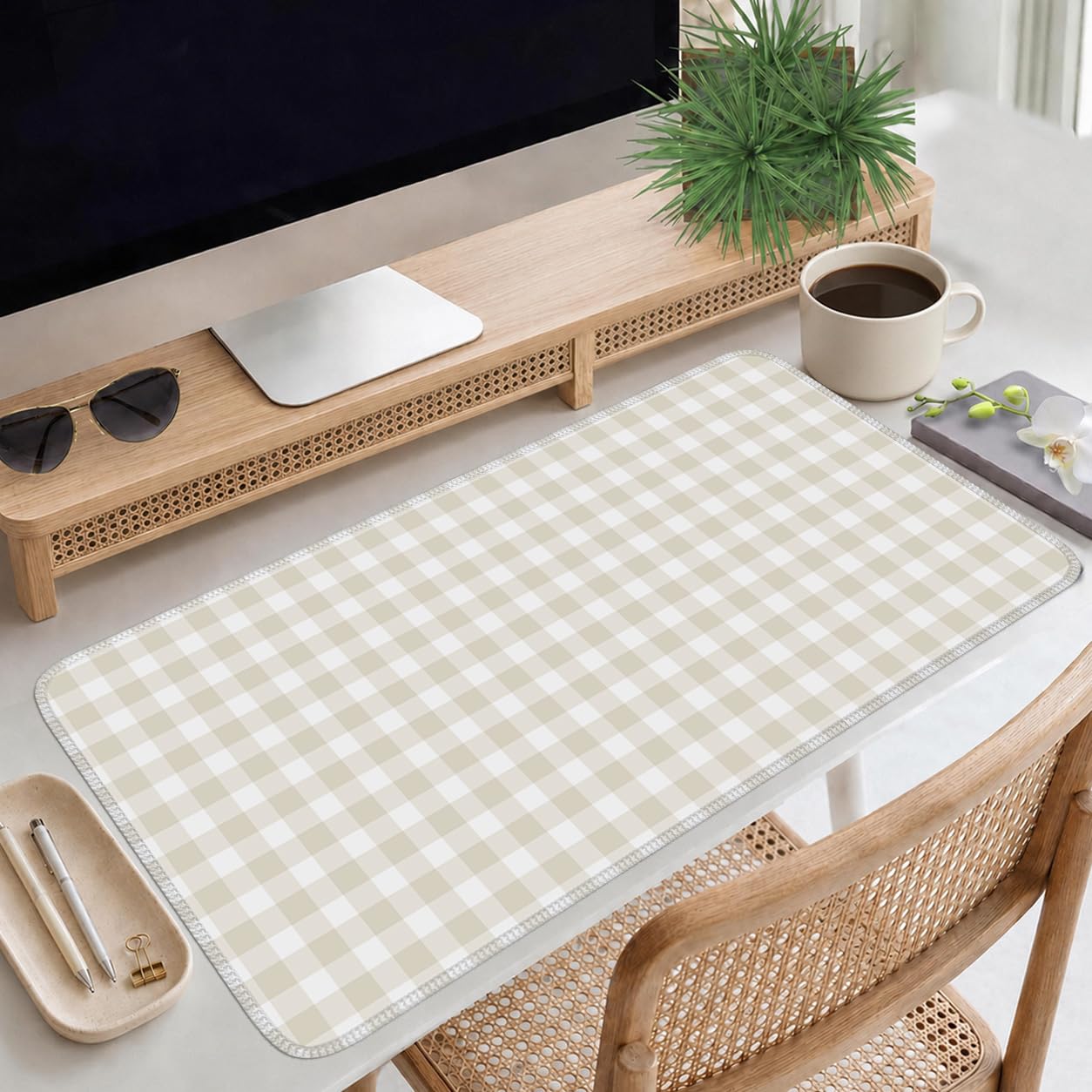 Beige Checkered Gingham Desk Mat Pad XXL Large Mouse Pad