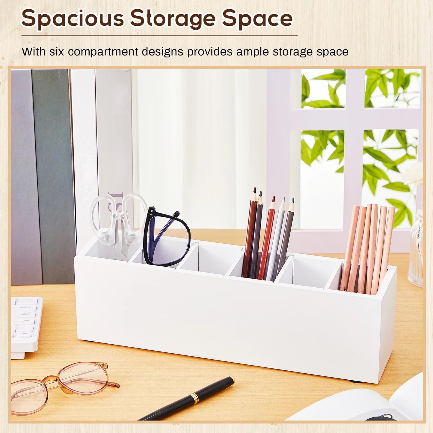 Jetec Wooden Pencil Pen Holder for Desk, White, 6 Compartments