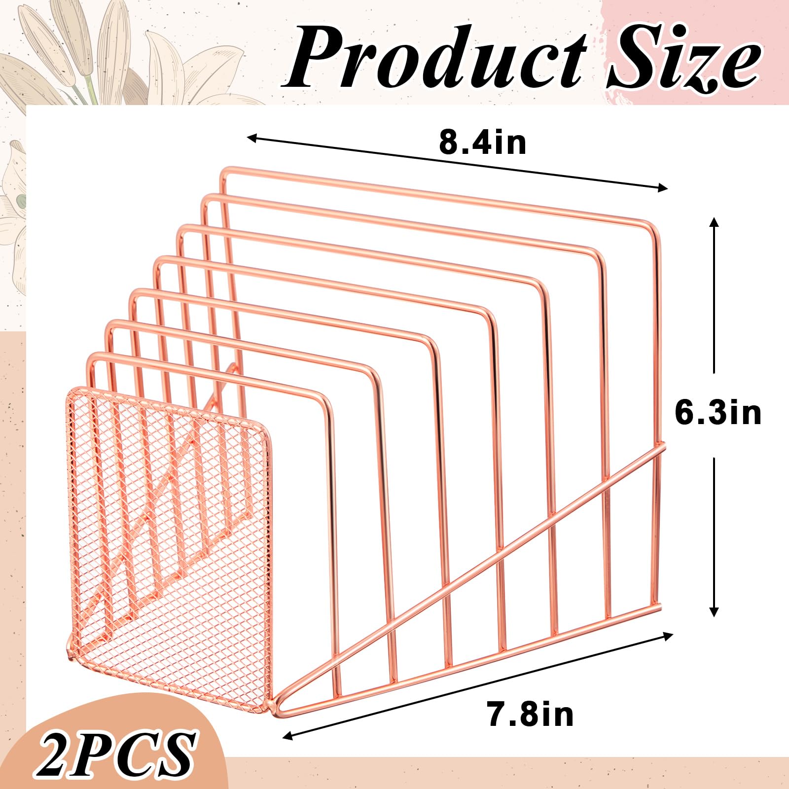 Chivertion 2 Pcs 2 Pcs Wire File Sorter Desk 7 Section Organizer, Rose Gold