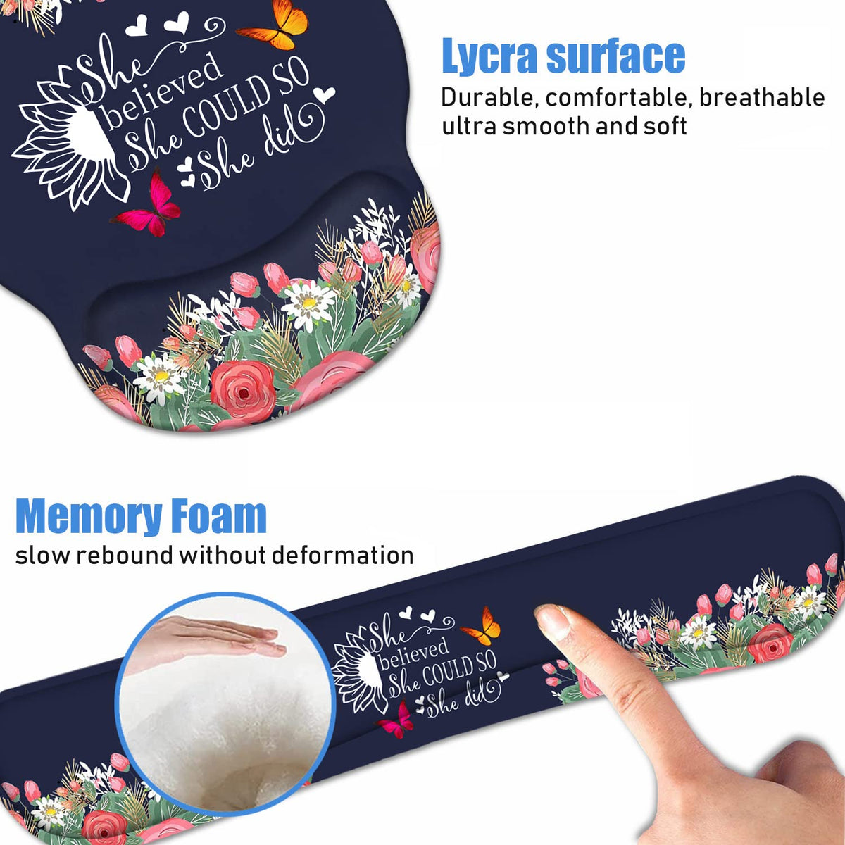 Keyboard Wrist Rest + Mouse Pad Wrist Support Set with Coasters, She Believed She Could So She Did