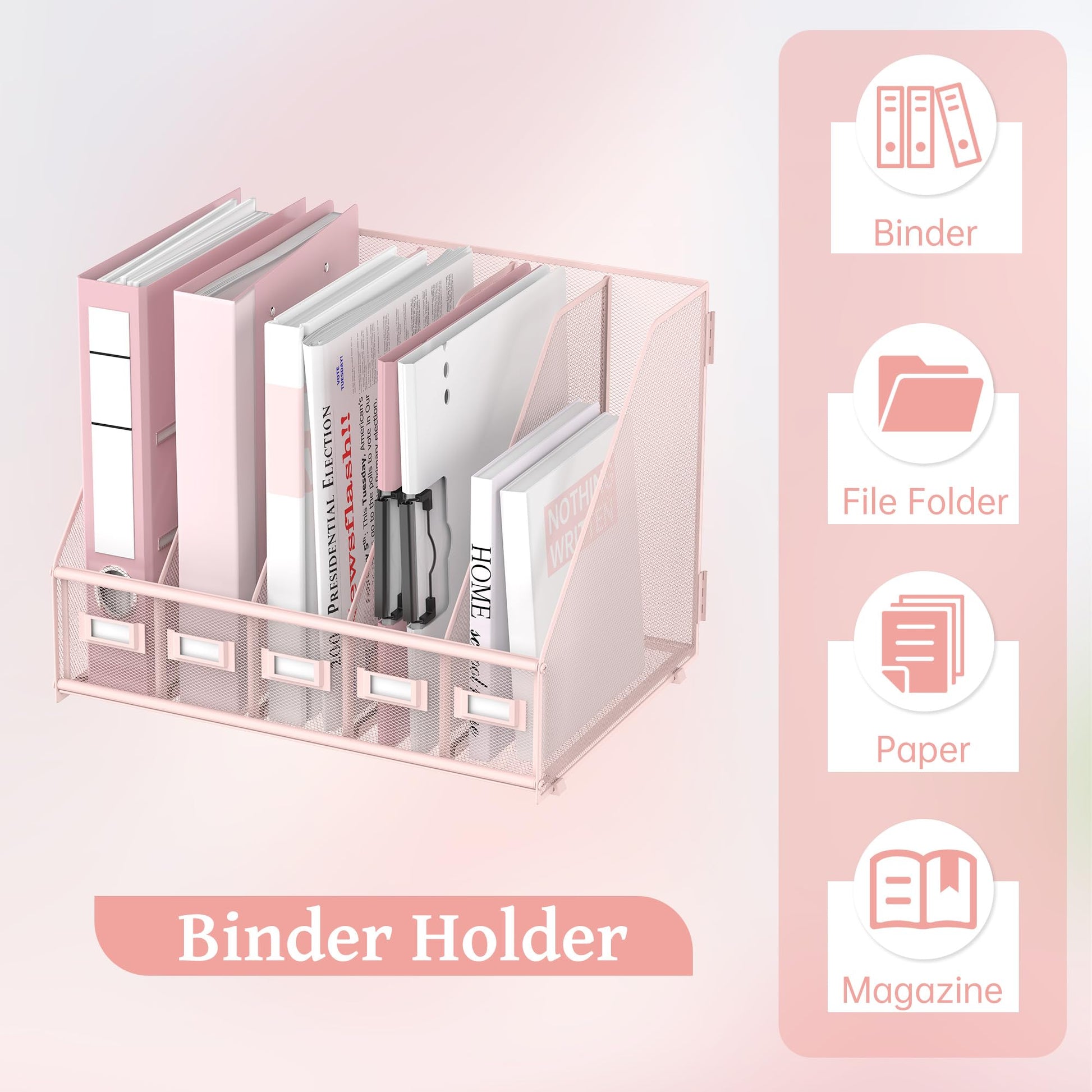 SUPEASY Desk Organizers Metal Desk Magazine File Holder with 5 Vertical Compartments Rack File