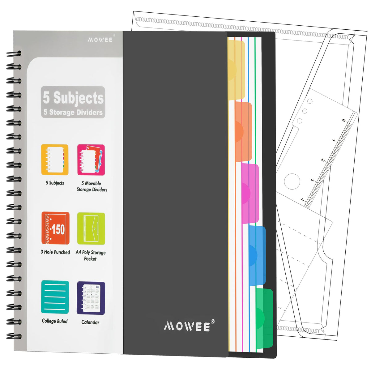 MOWEE 5-Subject Spiral Notebook, College Ruled, with Pocket & Tab Dividers