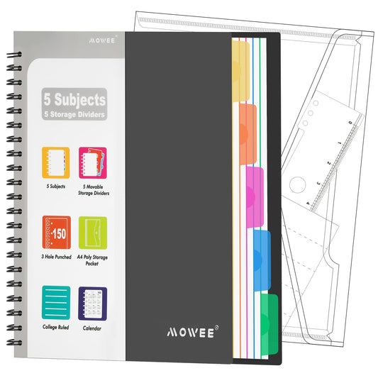 MOWEE 5-Subject Spiral Notebook, College Ruled, with Pocket & Tab Dividers