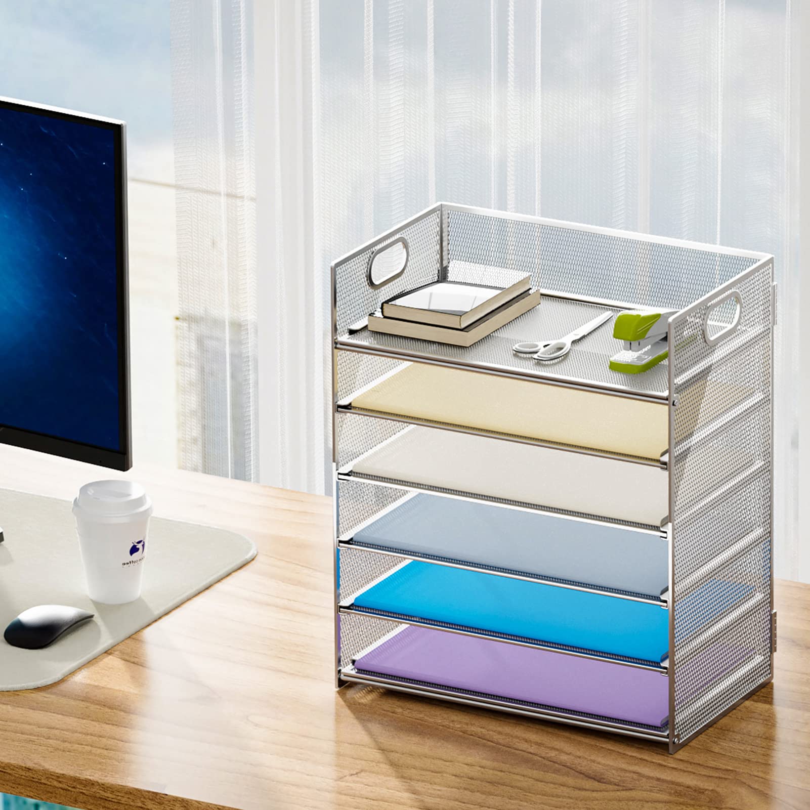 Marbrasse 2 Pack Desk Organizer with Handle, 6 Tier Paper Letter Tray, Mesh Desk File Organizer for
