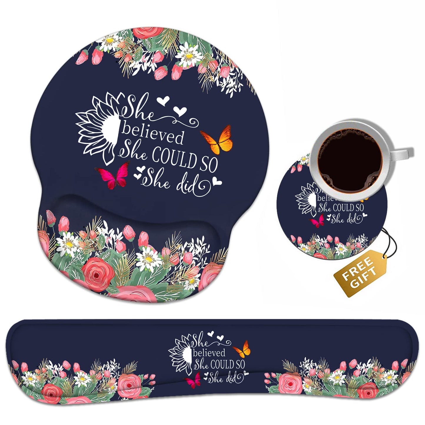 Keyboard Wrist Rest + Mouse Pad Wrist Support Set with Coasters, She Believed She Could So She Did