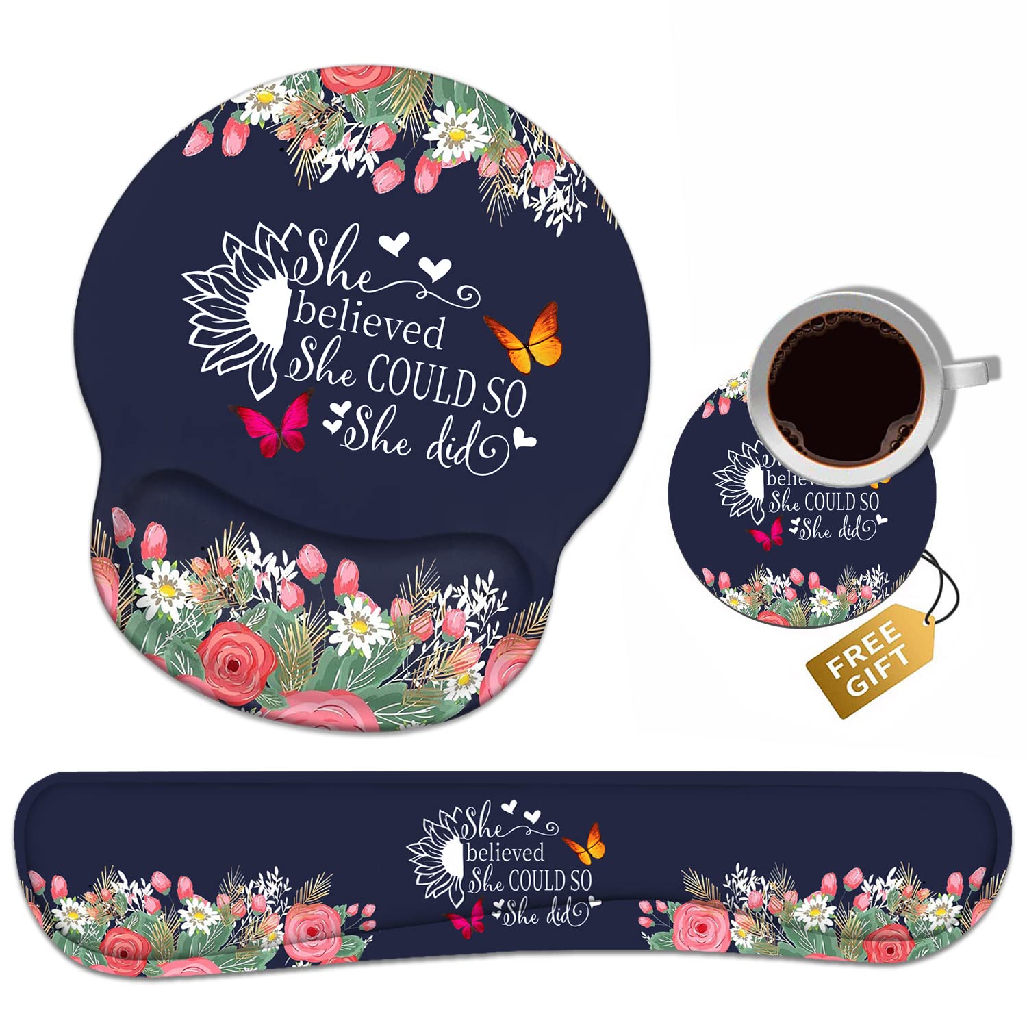Keyboard Wrist Rest + Mouse Pad Wrist Support Set with Coasters, She Believed She Could So She Did