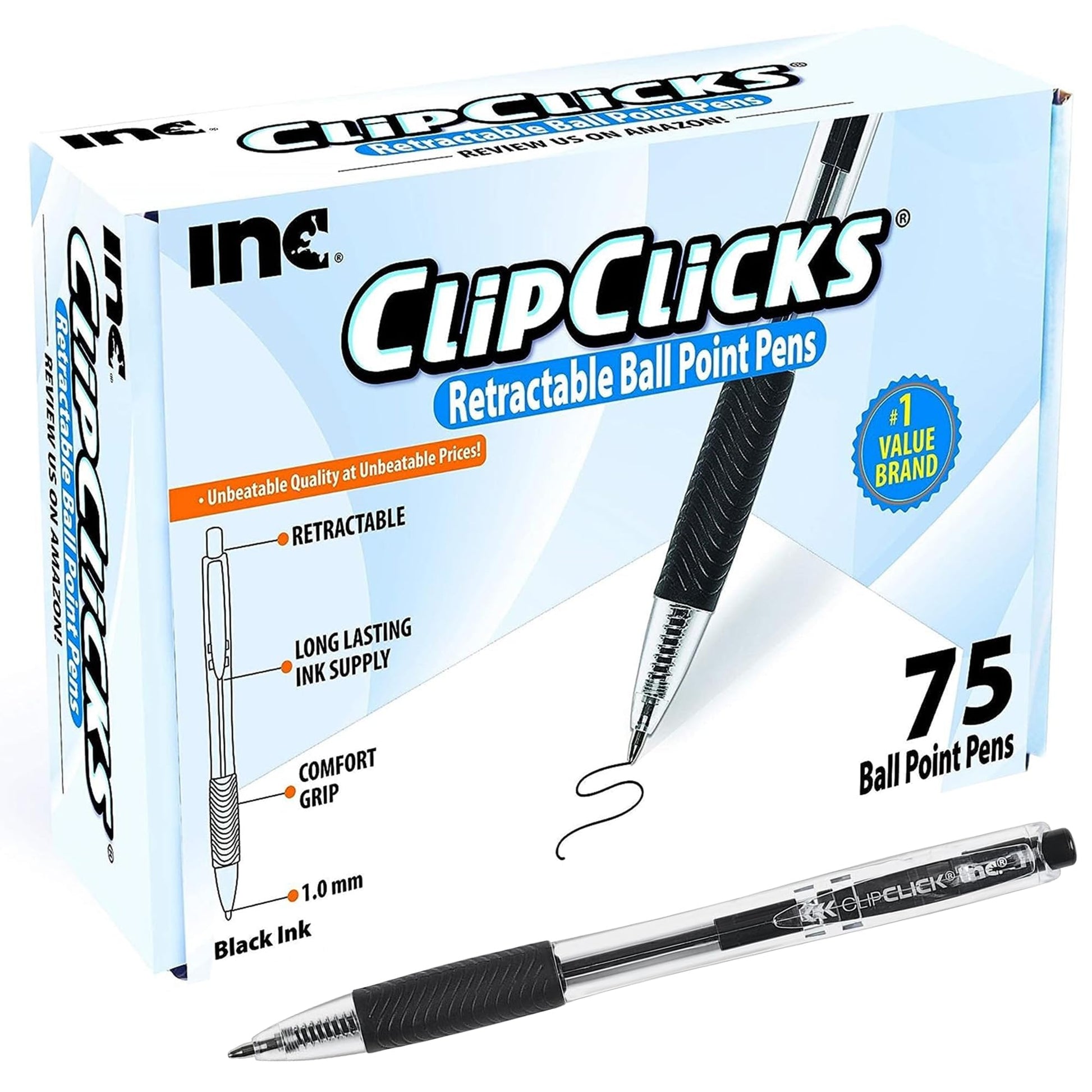 Inc. ClipClicks Retractable Ballpoint Pens - Bulk 1.0-mm Medium-Point Pen Set With Comfort Grip for