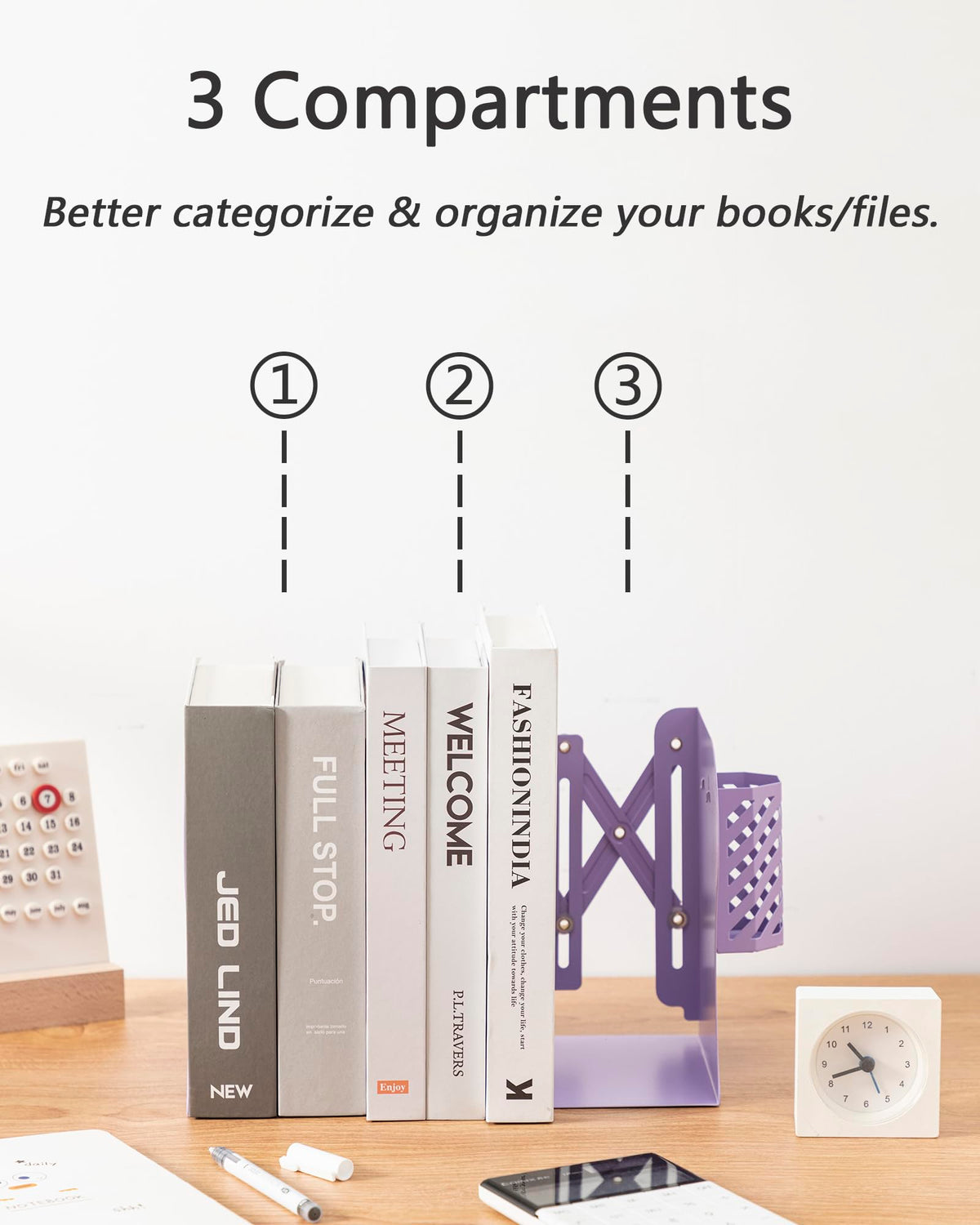 Kingsmile Book Ends, Adjustable Heavy Duty Metal Book Stoppers with Pen Holder for Desk Office