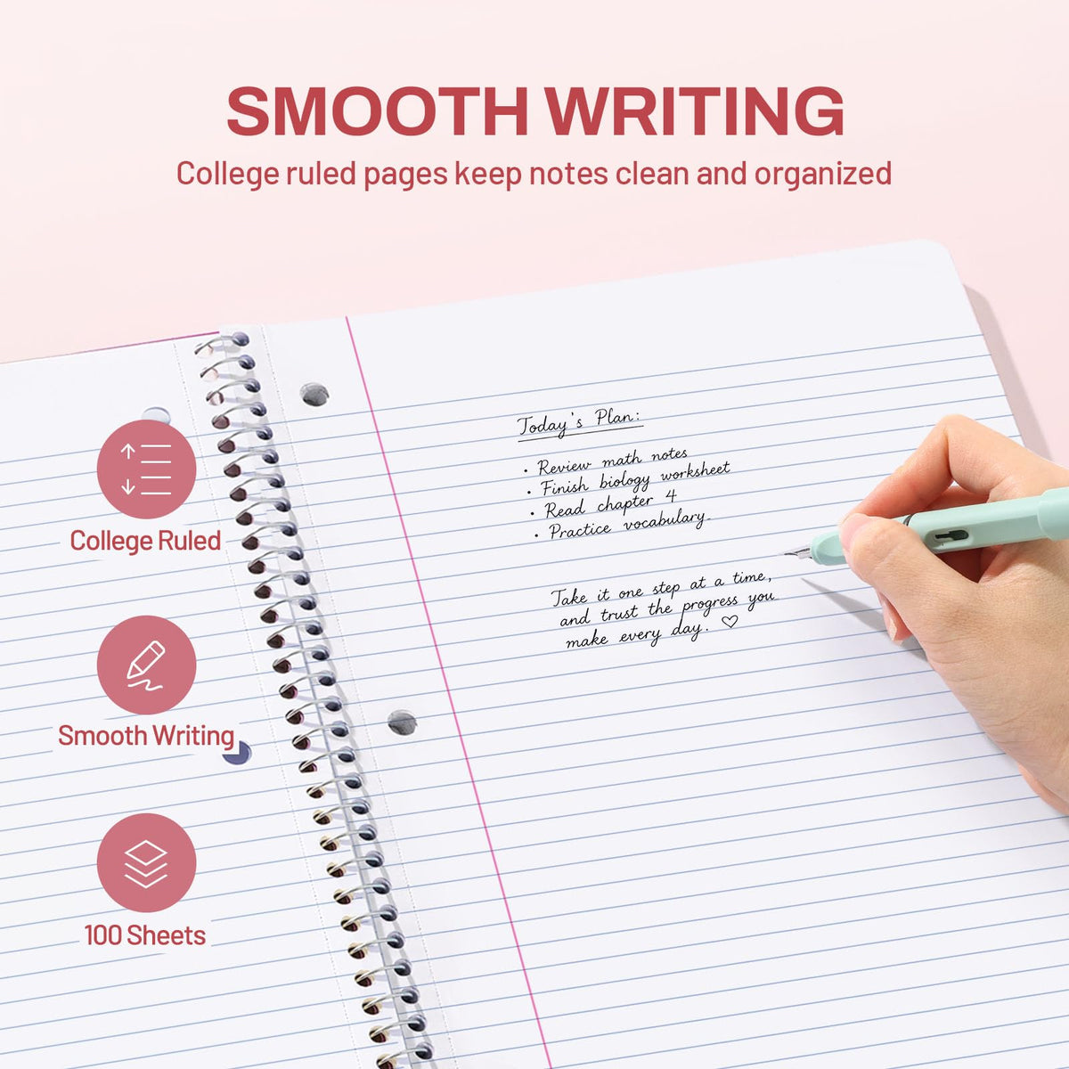 SUNEE Spiral Notebook, 1-Subject, College Ruled Paper, 8" x 10-1/2", 100 Sheets per Notebook