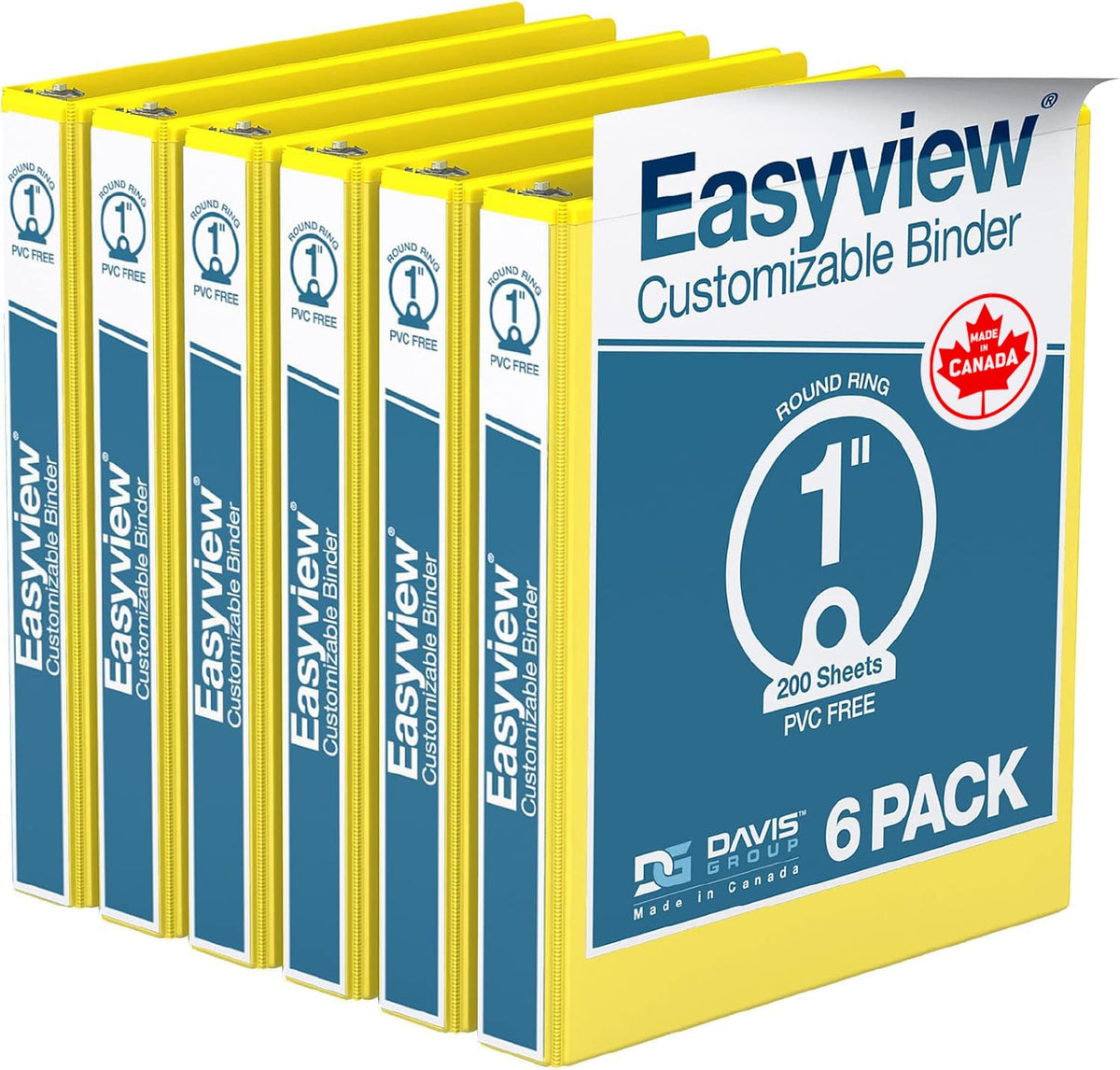 Easyview 3-Ring Binder, Clear-View Cover, 1" Round Rings, Yellow, 6 Pack