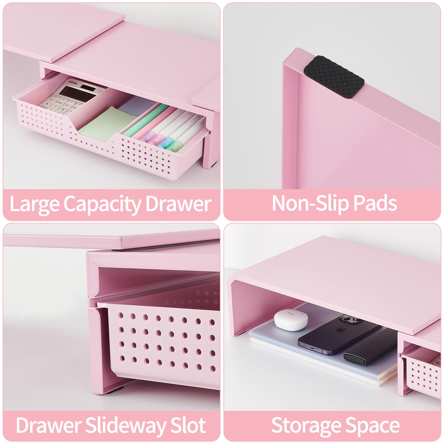 LEKETREE Dual Monitor Stand Riser with Drawer, Desk Organizer and Accessories, Pink Monitor Stand