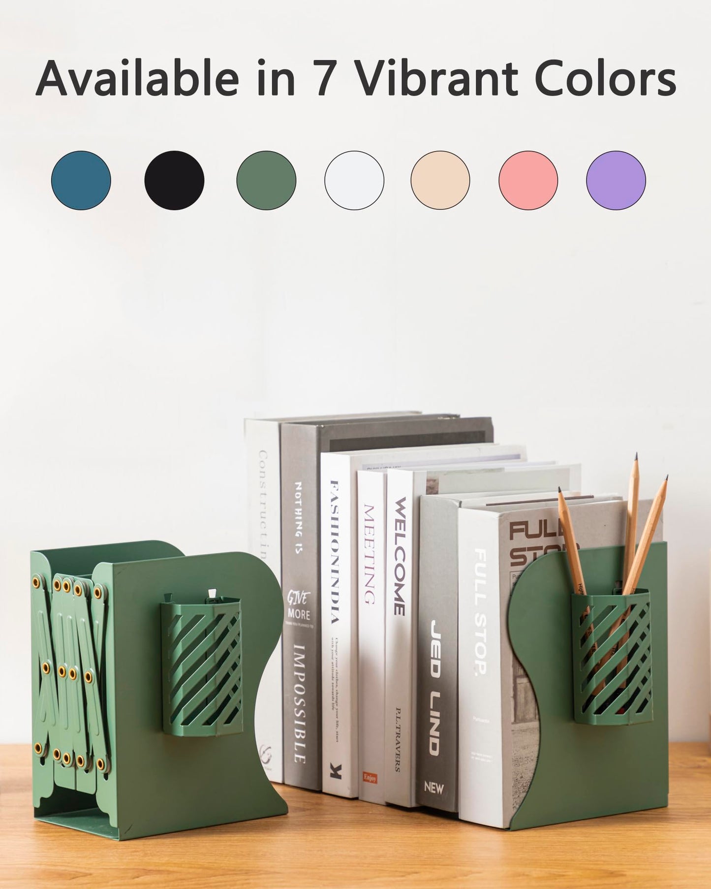 Kingsmile Book Ends, Adjustable Heavy Duty Metal Book Stoppers with Pen Holder for Desk Office