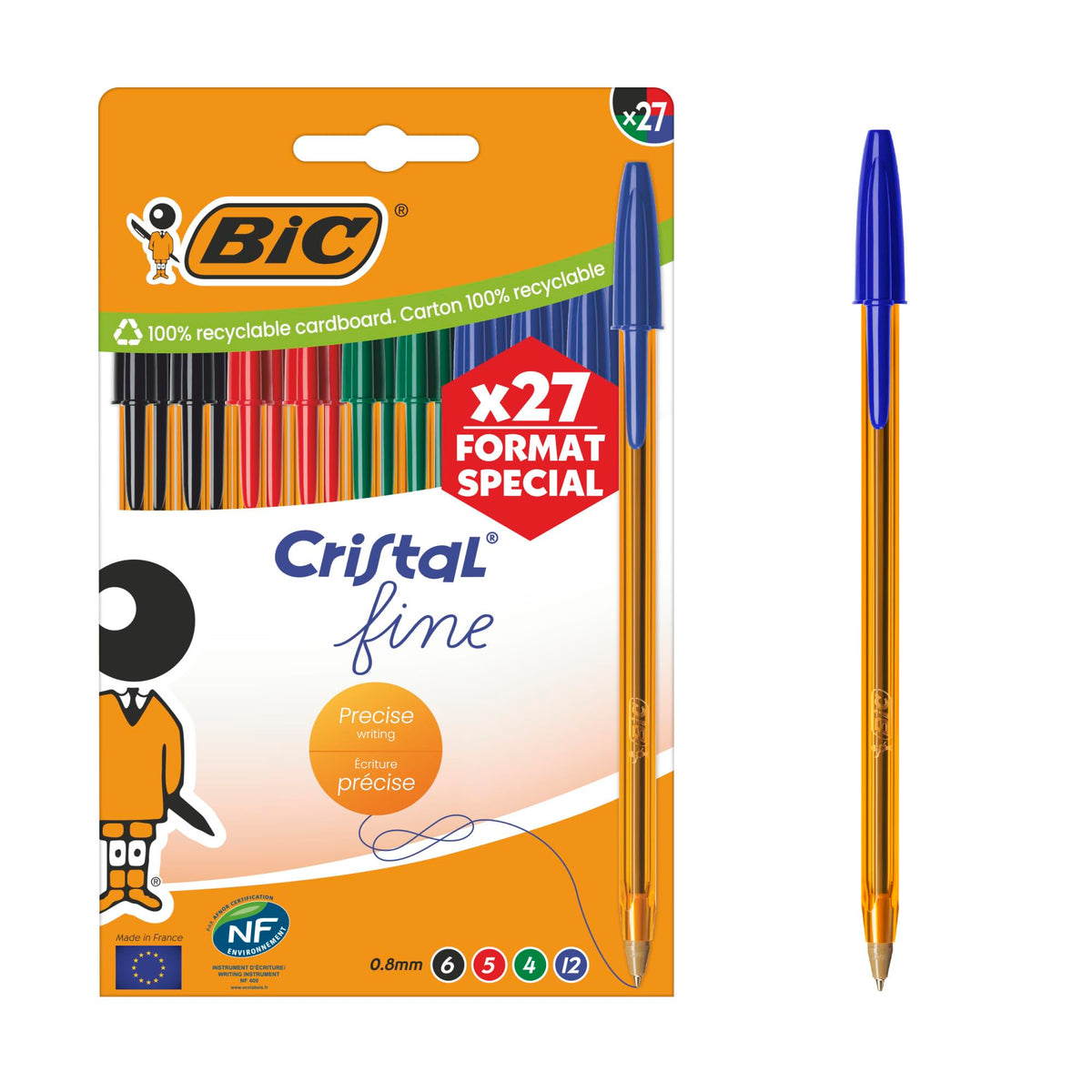 BIC Cristal Fine Tip 0.80mm Fineliner Pens - Assorted Ink Colours (Pack of 27)