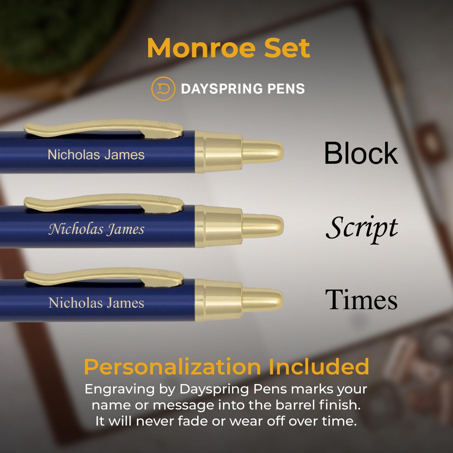 Dayspring Pens Monroe Personalized Ballpoint and Pencil in Blue, Gold Trim