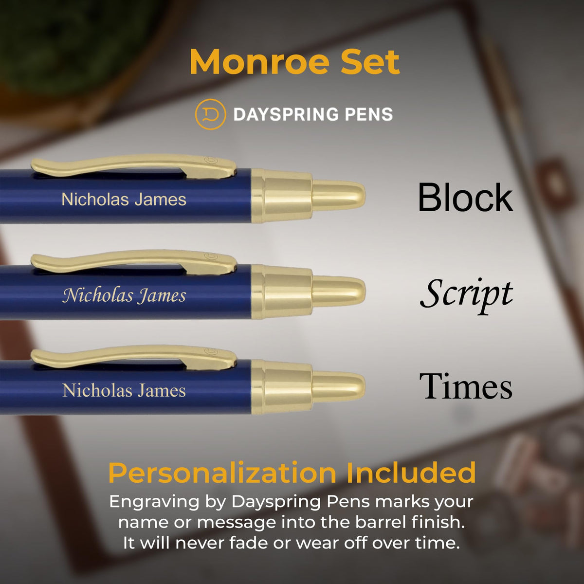 Dayspring Pens Monroe Personalized Ballpoint and Pencil in Blue, Gold Trim