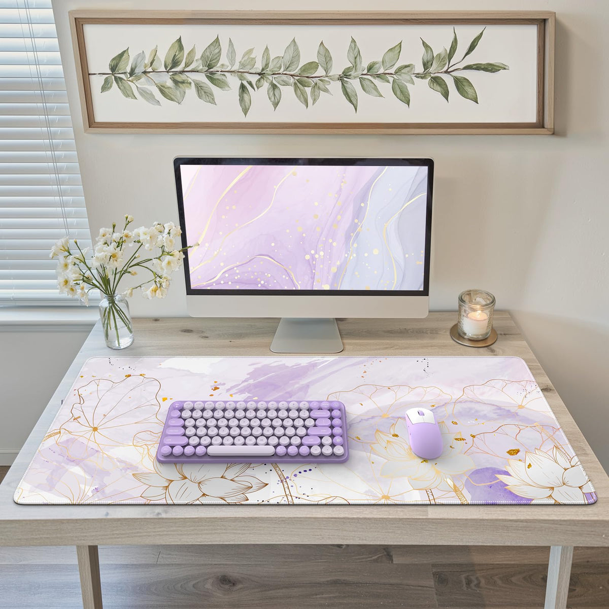 iCasso Desk Cover Mat, Extra Large Lotus Mouse Pad, Purple Lotus Leaf