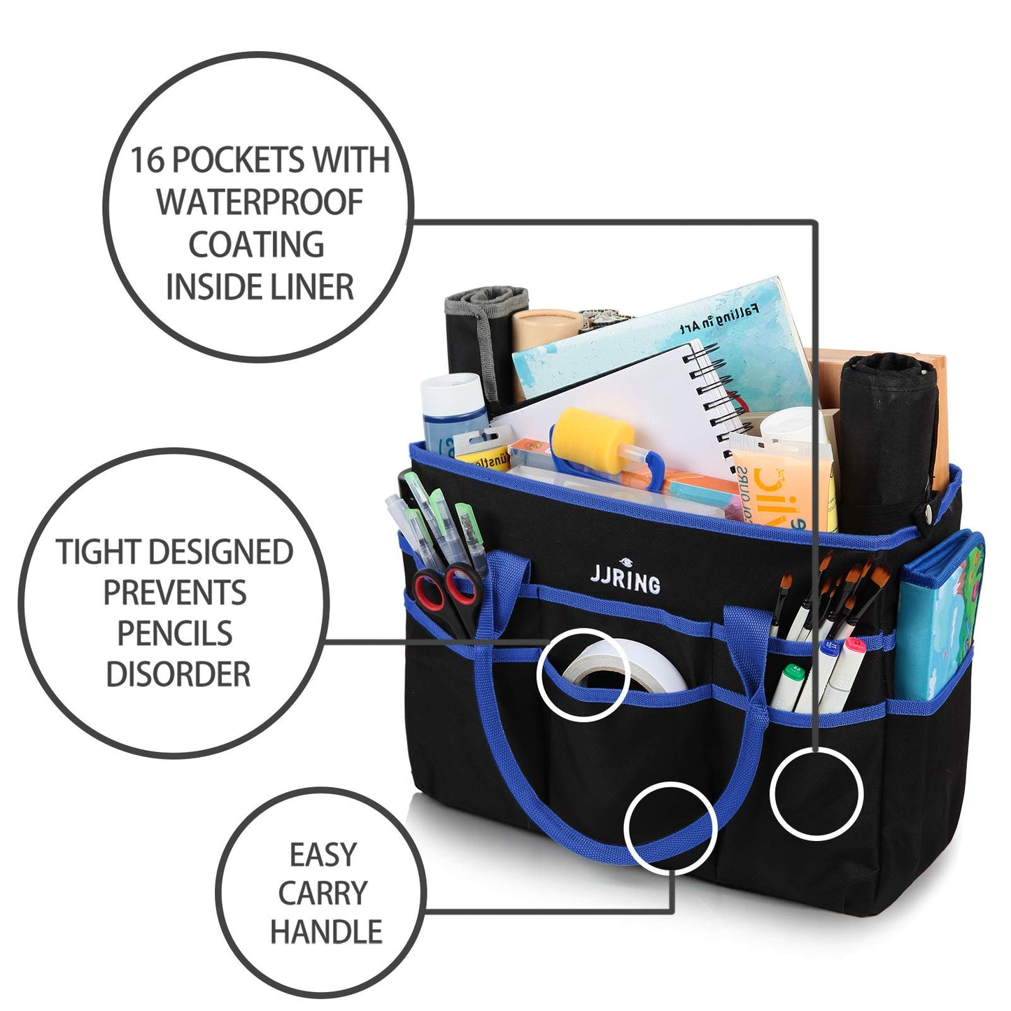 JJRING Large 600D Nylon Artist Organizer Tote Bag With 16 Pockets, Blue