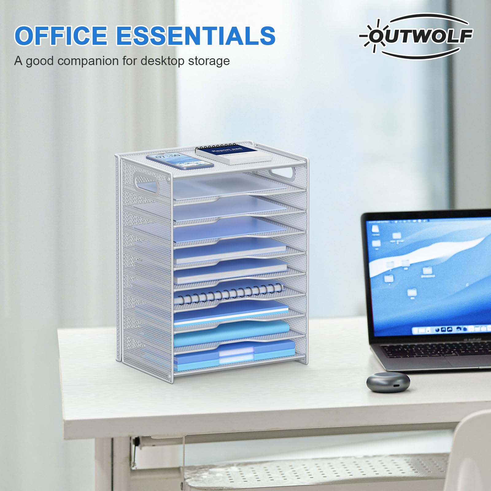 OUTWOLF 10 Tier Paper Organizer - Letter Tray Mesh Desk File Organizer with Handles for Office