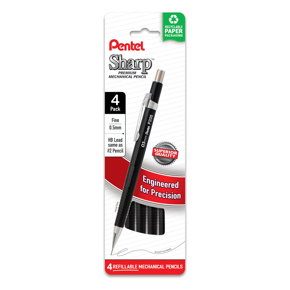 Pentel Sharp Mechanical Pencil, (0.5mm), Fine Line, Black Barrel, Pack of 4 (P205PF4A)