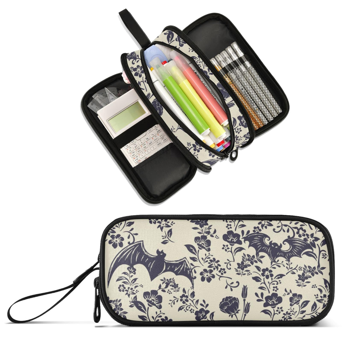 XUWU Goth Bat Flowers Large Capacity Pencil Case Pencil Pouch Pen Box