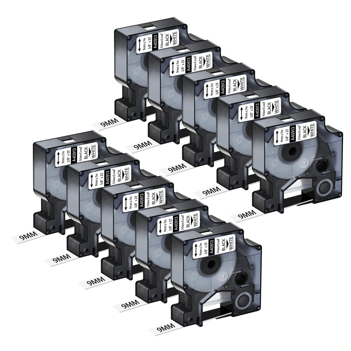 NineLeaf 10 Pack Compatible for DYMO D1 40913 S0720680 9mm 3/8" x 23ft Black on White Label Tape
