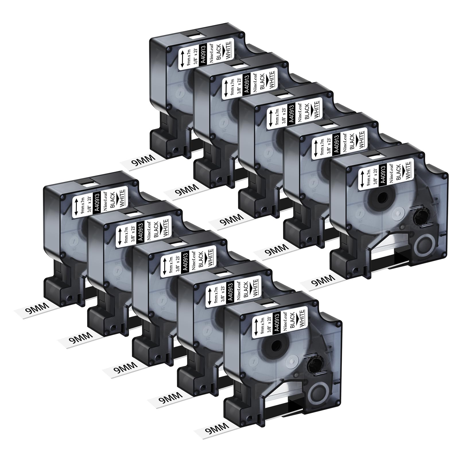 NineLeaf 10 Pack Compatible for DYMO D1 40913 S0720680 9mm 3/8" x 23ft Black on White Label Tape